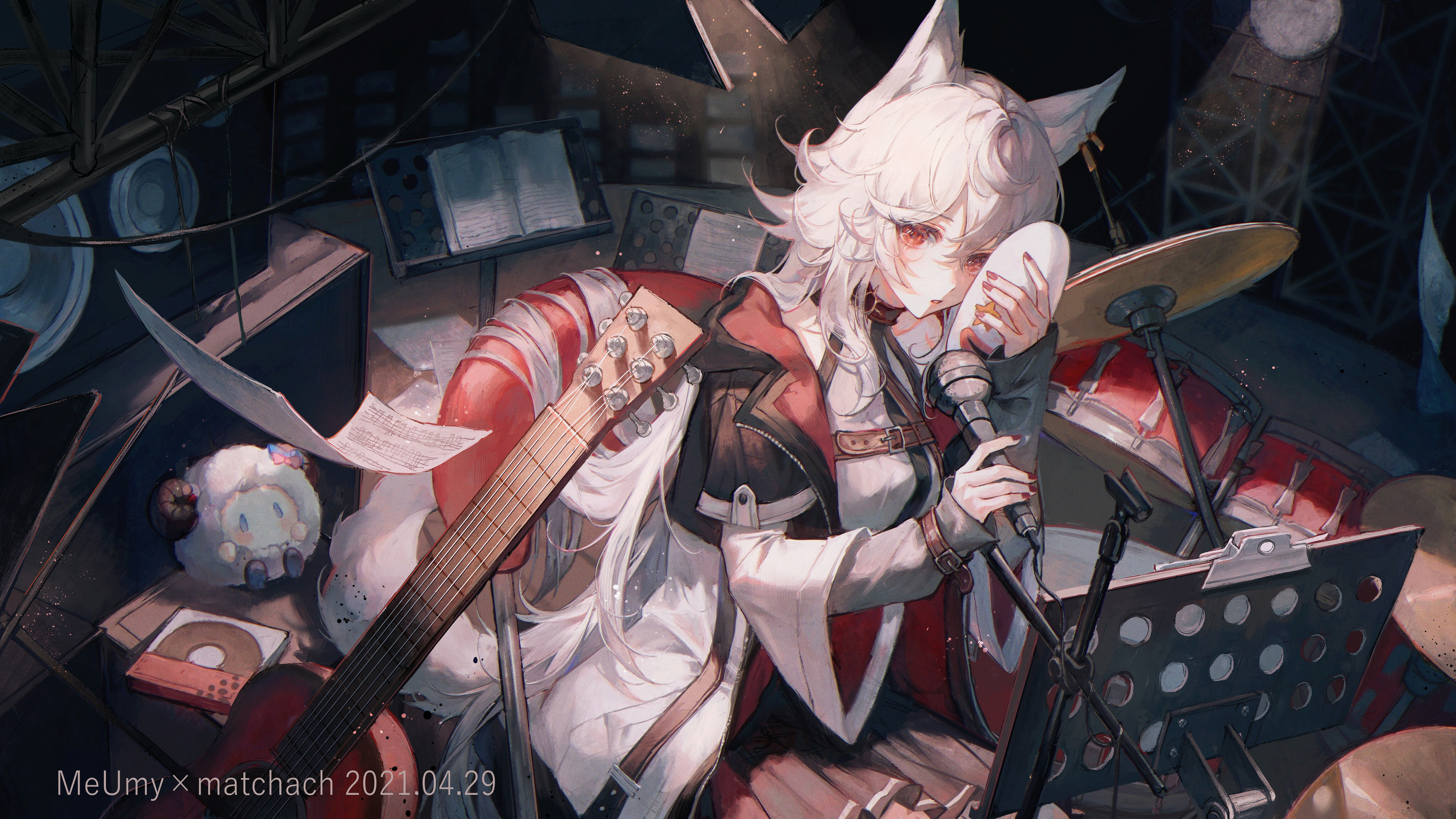 Anime 4096x2304 Pixiv anime anime girls fox girl fox ears fox tail long hair guitar musical instrument drums microphone sitting paper digital art looking at viewer white hair sheep mask watermarked