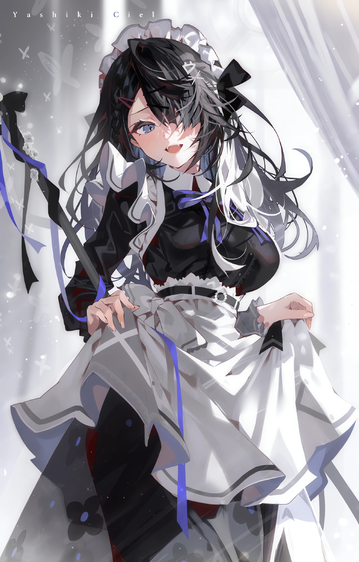 Anime 1380x2160 anime anime girls portrait display long hair hair over one eye blue eyes maid maid outfit looking at viewer black hair