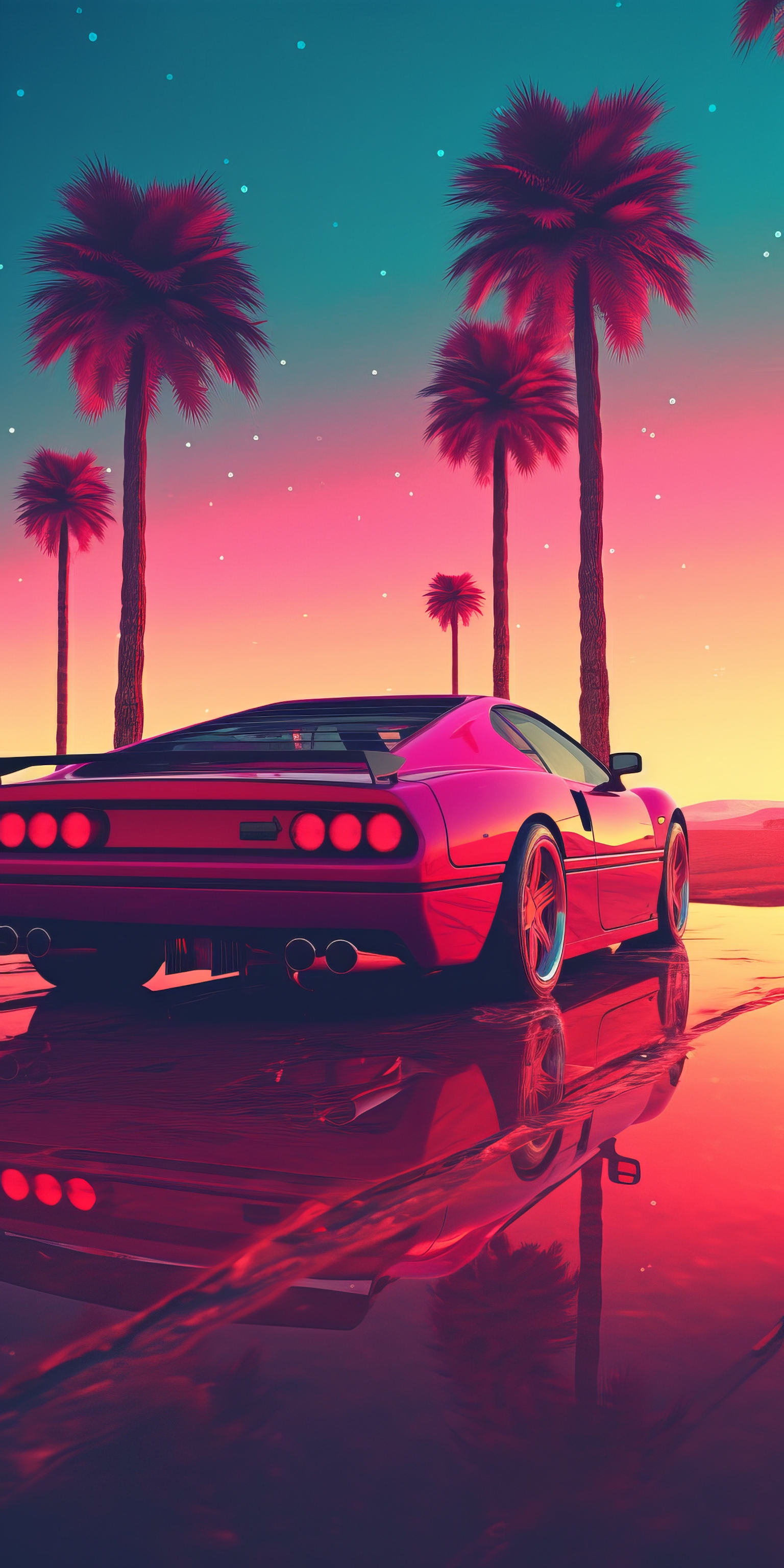 General 1536x3072 AI art portrait sports car sunset palm trees 1980s synthwave portrait display sunset glow car rear view licence plates sky stars reflection digital art