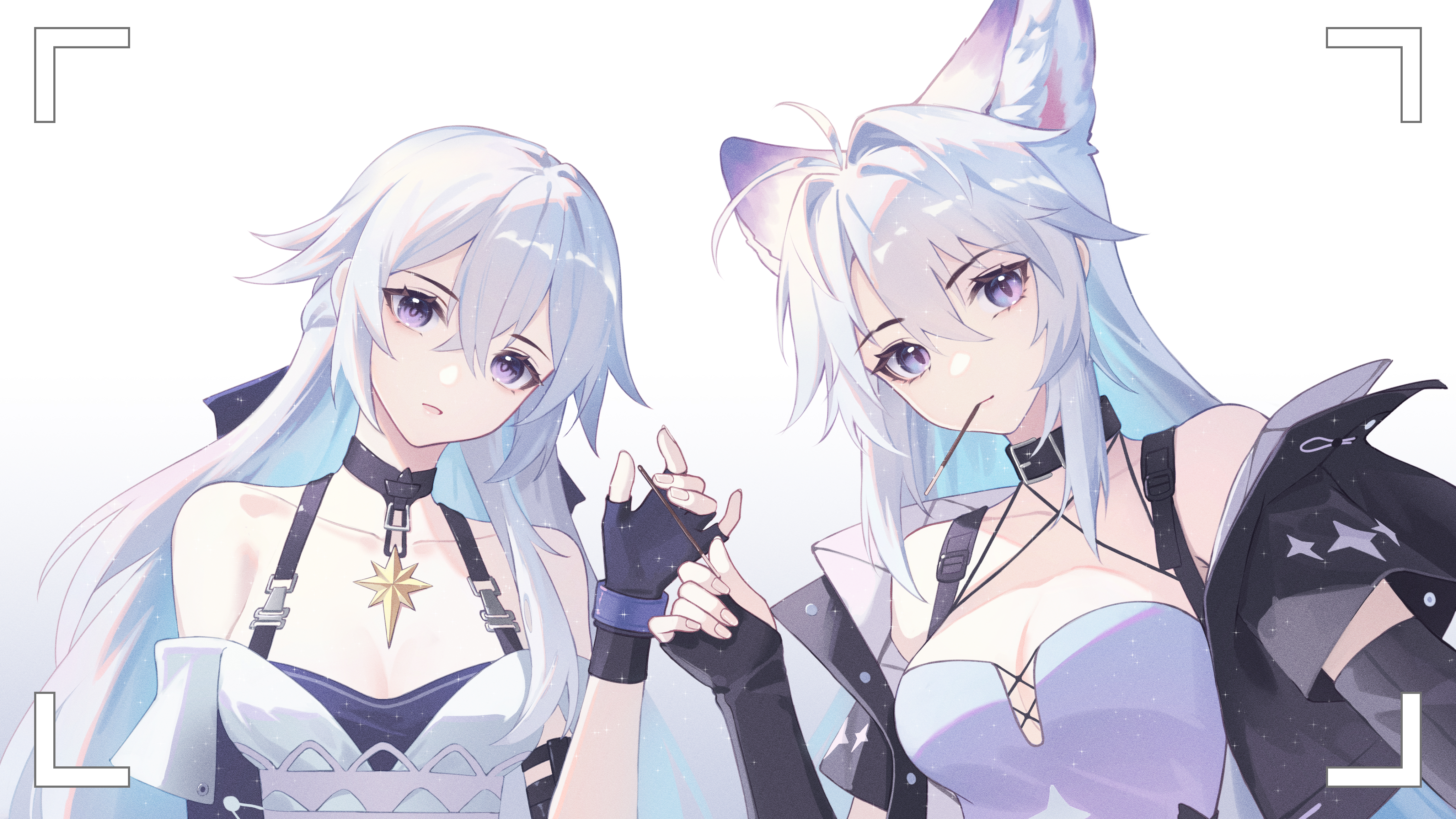 Anime 4096x2304 anime anime girls fox girl fox ears gloves fingerless gloves white background simple background minimalism long hair cleavage photo frame looking at viewer collar