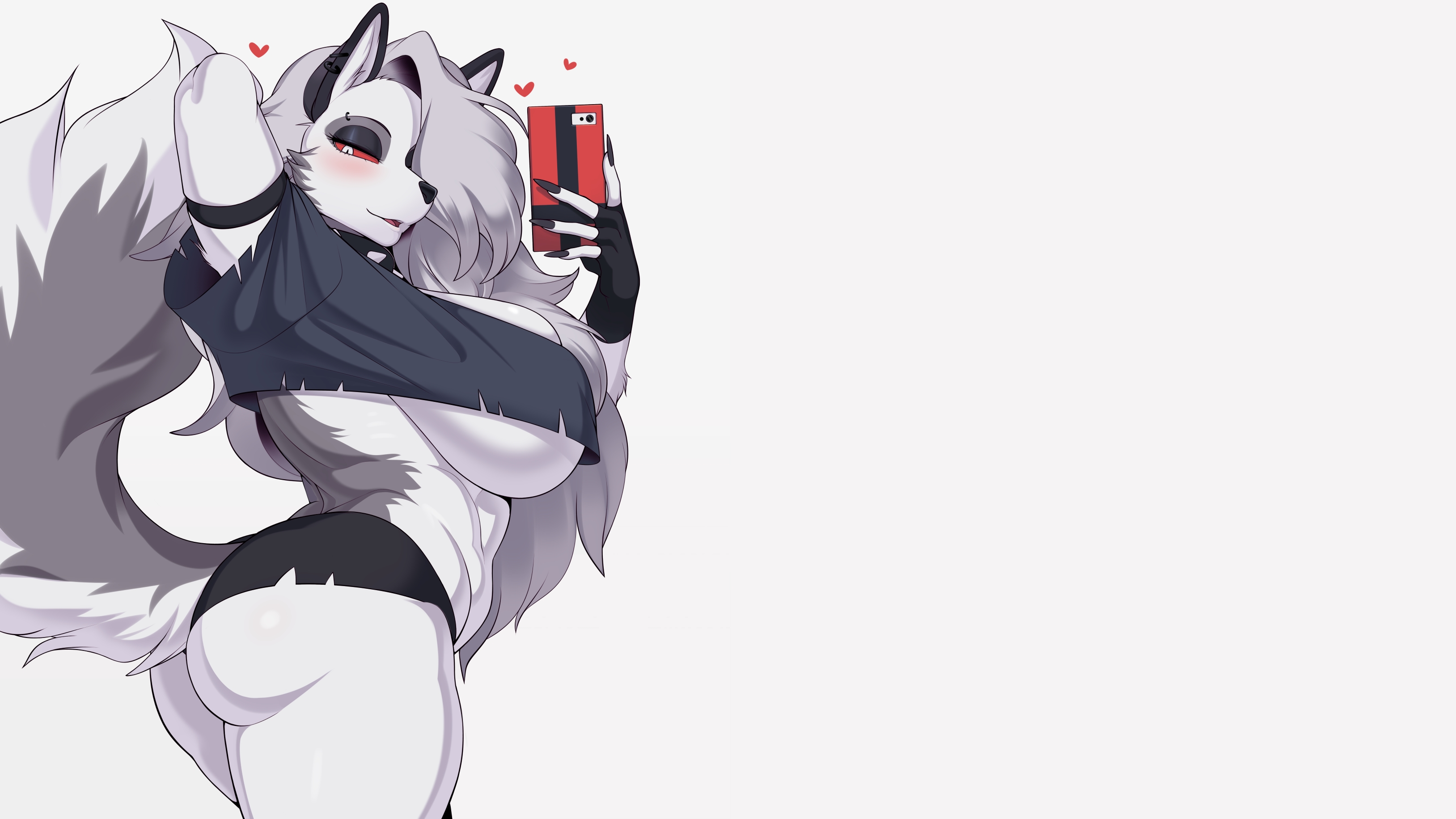 Anime 3256x1832 furry loona (Helluva Boss) furry girls simple background Anthro cervina7 wide hips huge breasts white background minimalism phone selfies heart looking at viewer underboob ass blushing