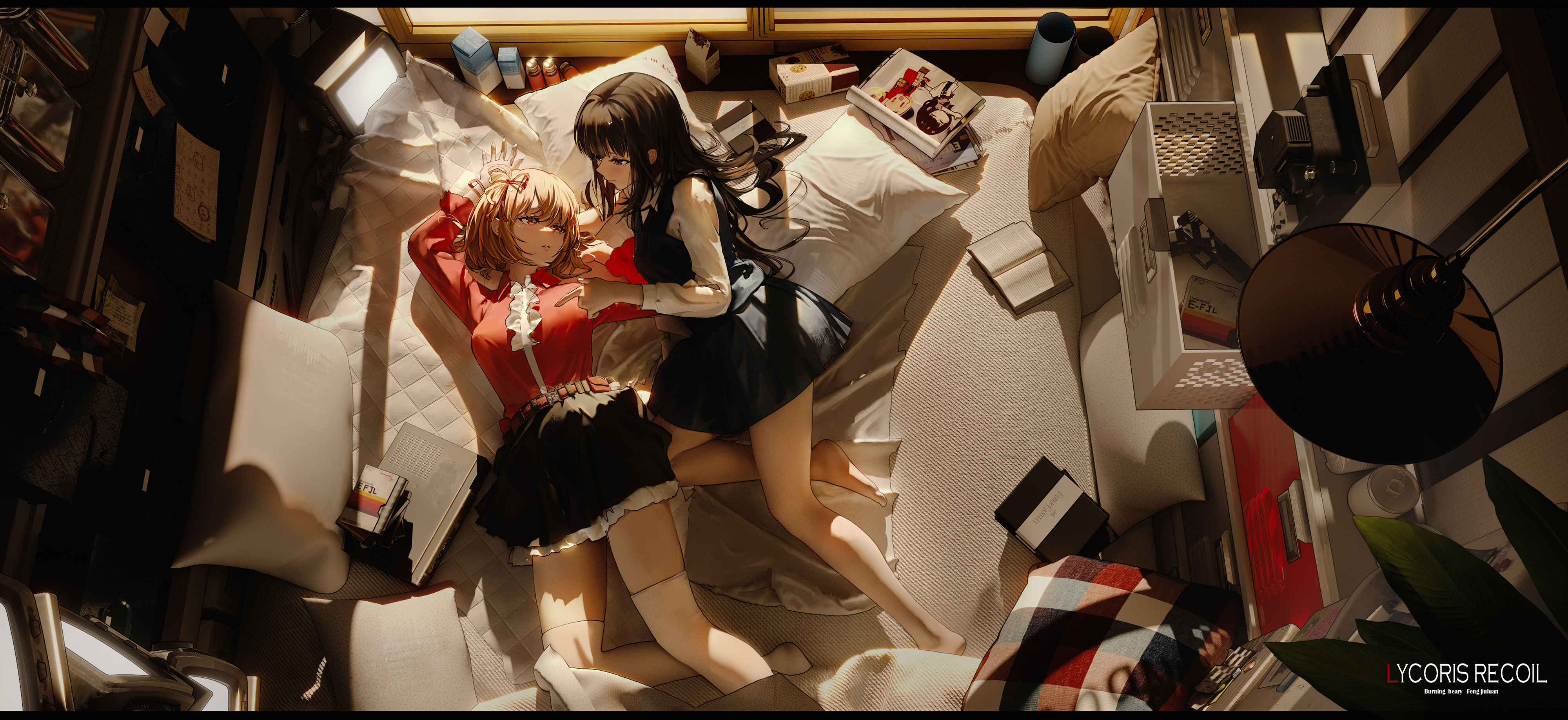 Anime 4000x1838 anime anime girls Lycoris Recoil Inoue Takina Nishikigi Chisato lying down lying on back pillow long hair leaves