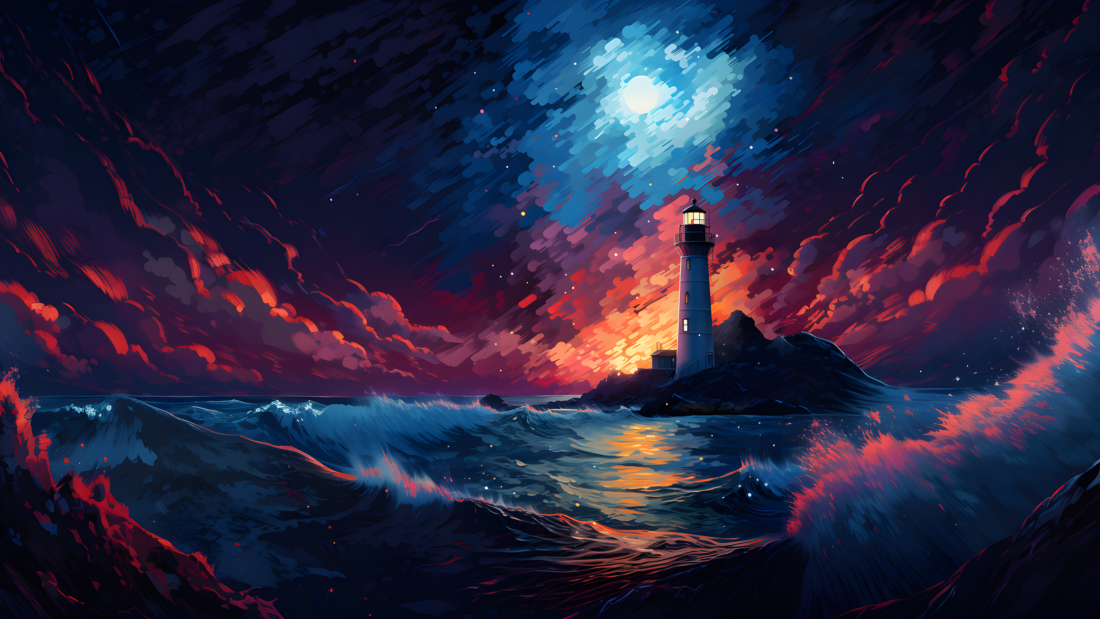 General 3840x2160 ocean view lighthouse digital art water waves sky clouds Dredge landscape AI art