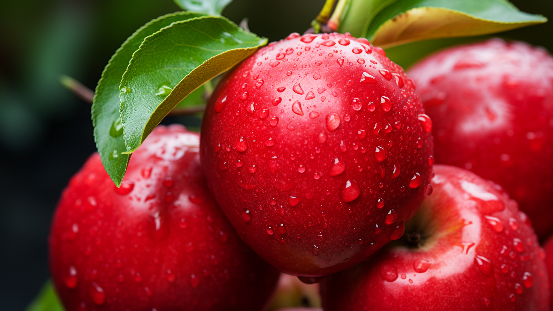 General 1920x1080 AI art fruit nature red water closeup blurred blurry background leaves apples