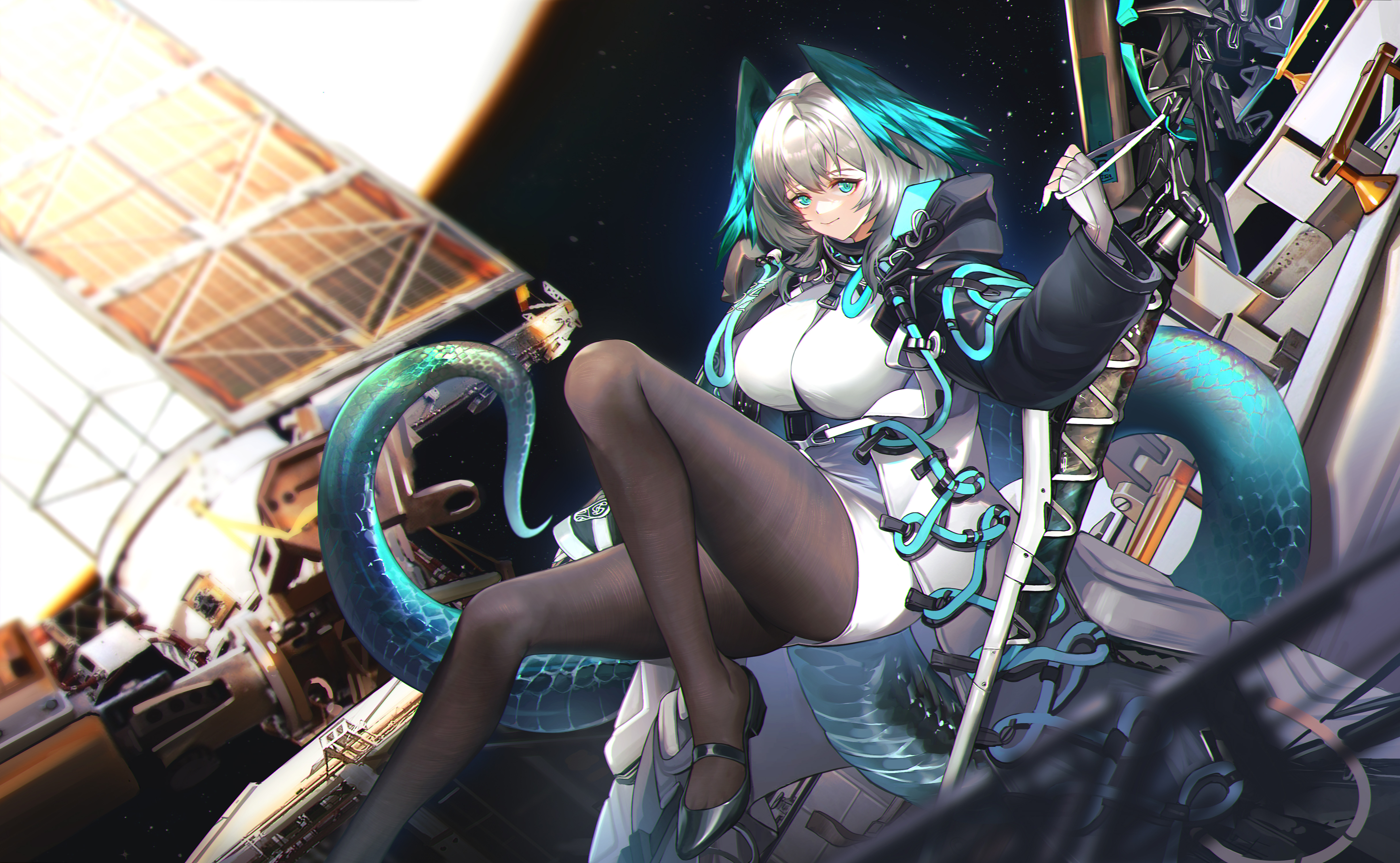 Anime 4864x3000 anime anime girls Arknights big boobs looking at viewer dragon girl dragon tail space technology Ho'olheyak (Arknights) smiling