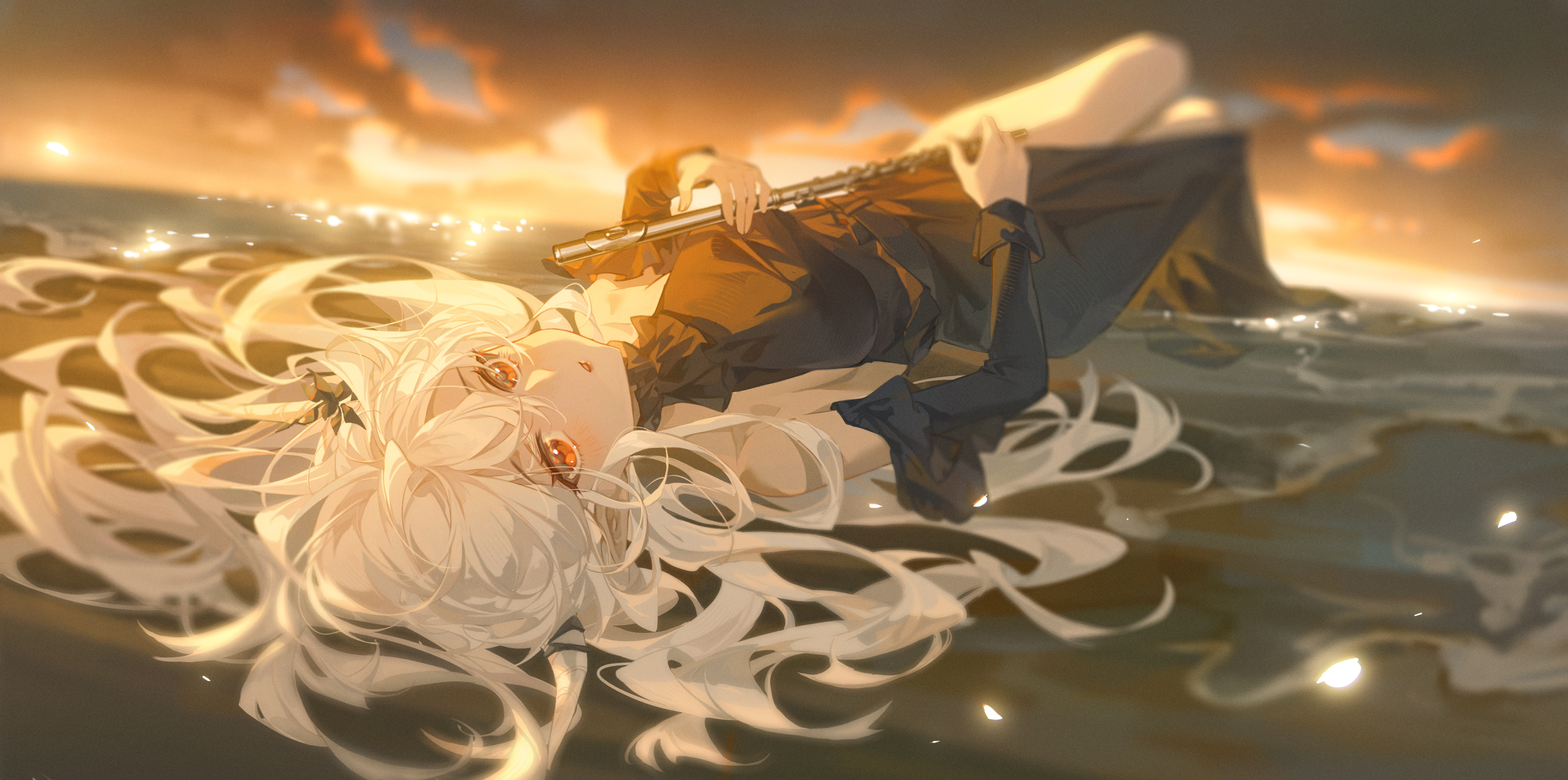 Anime 3500x1742 anime anime girls long hair looking at viewer flute musical instrument sunset sunset glow lying down lying on back water dress clouds