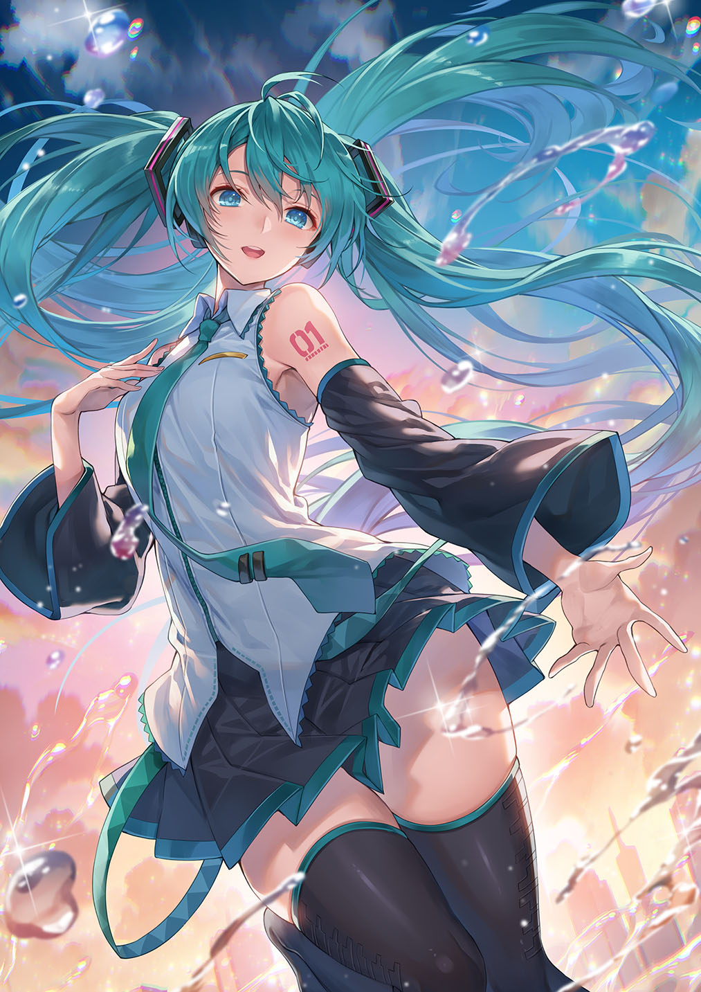 Anime 1013x1433 Vocaloid Hatsune Miku anime girls portrait display looking at viewer sunset detached sleeves tattoo thigh-highs hair ornament water drops blue eyes cyan hair smiling water sunset glow Hagure KeG sparkles clouds armpits sky