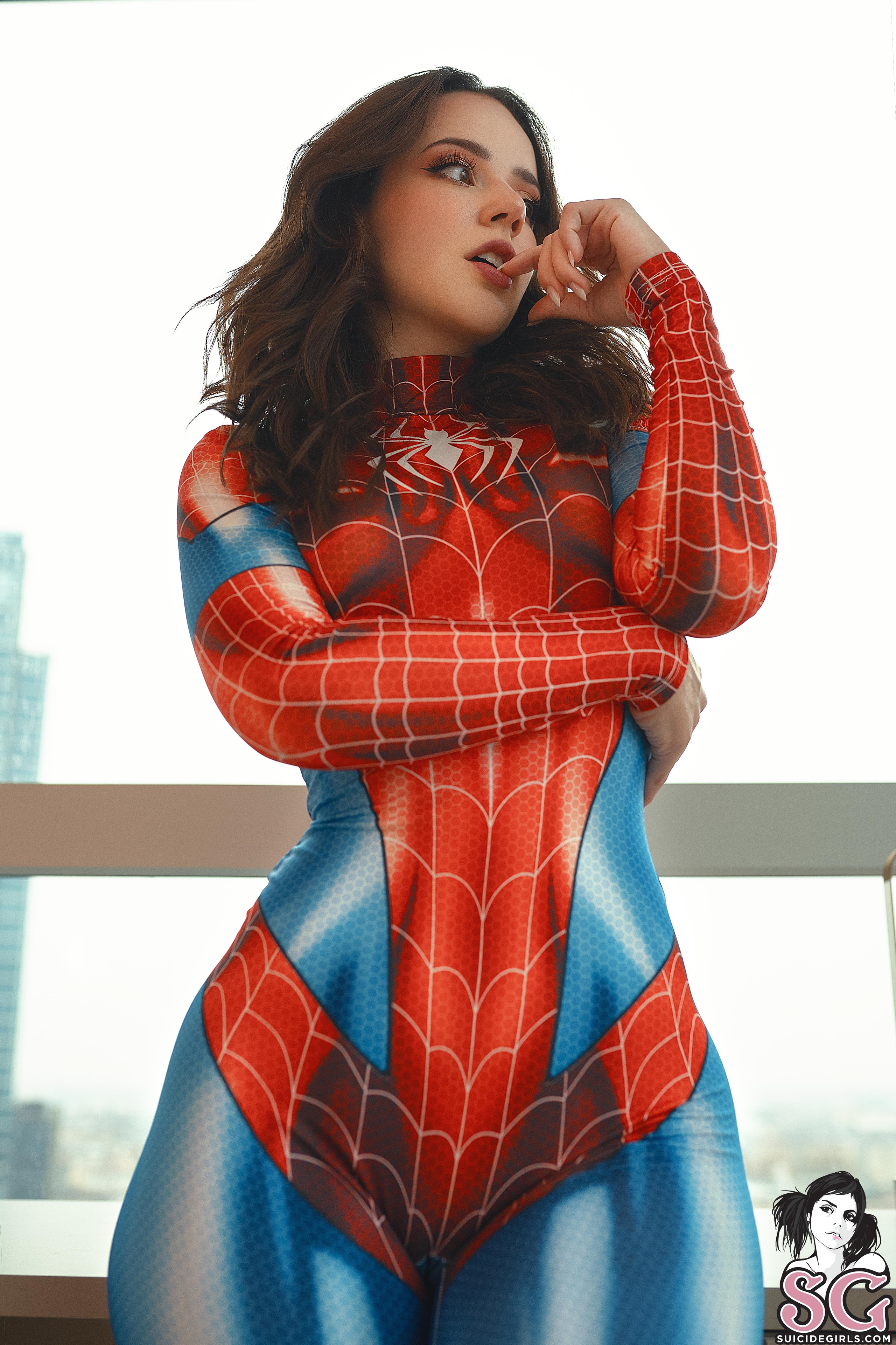 People 2560x3840 Ceciamix Suicide Girls women model Spider-Man curvy finger in mouth portrait display looking away tight clothing tight waist