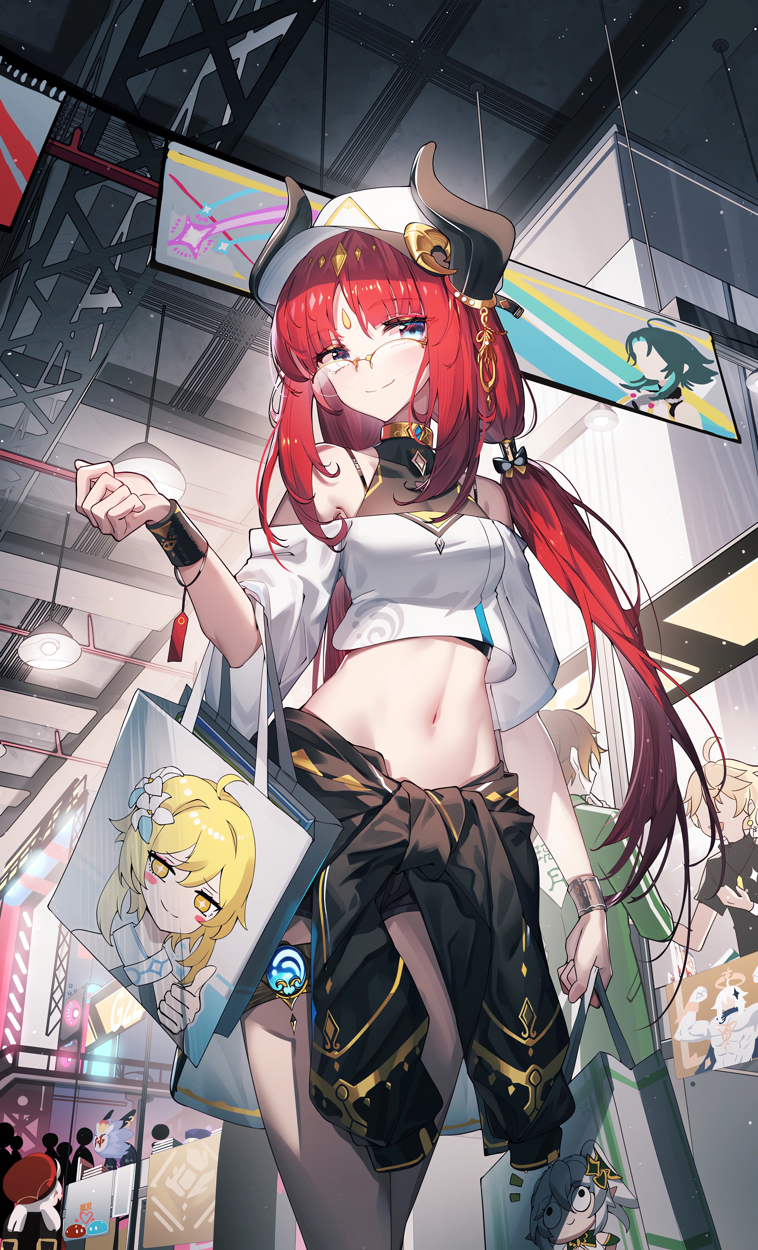 Anime 2426x4000 anime anime girls Nilou (Genshin Impact) Lumine (Genshin Impact) Genshin Impact long hair smiling glasses standing portrait display looking at viewer redhead thumbs up twintails hat horns Paimon (Genshin Impact)