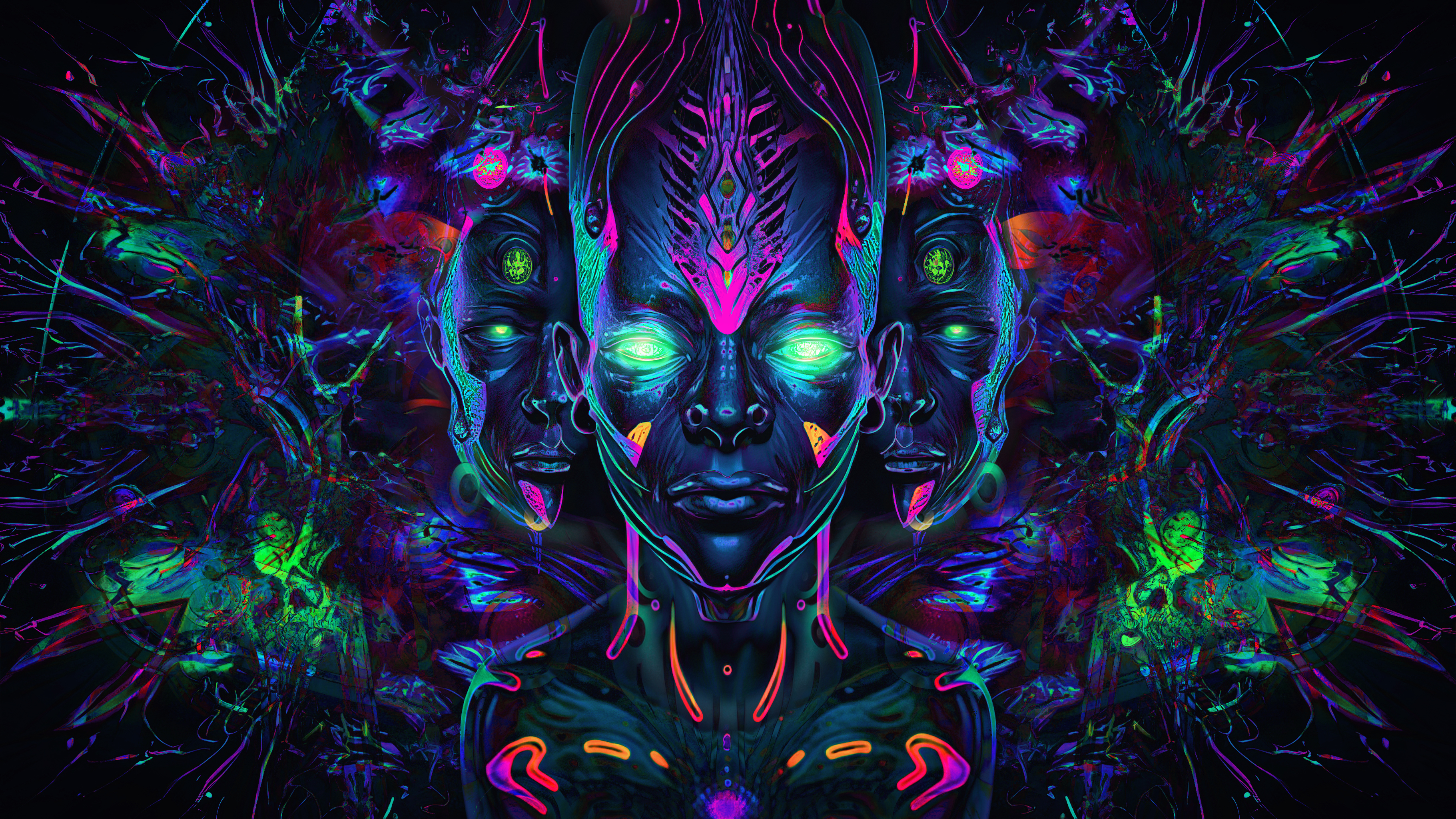 General 3642x2048 crystal  head aliens trippy psychedelic colorful glowing eyes looking at viewer digital art