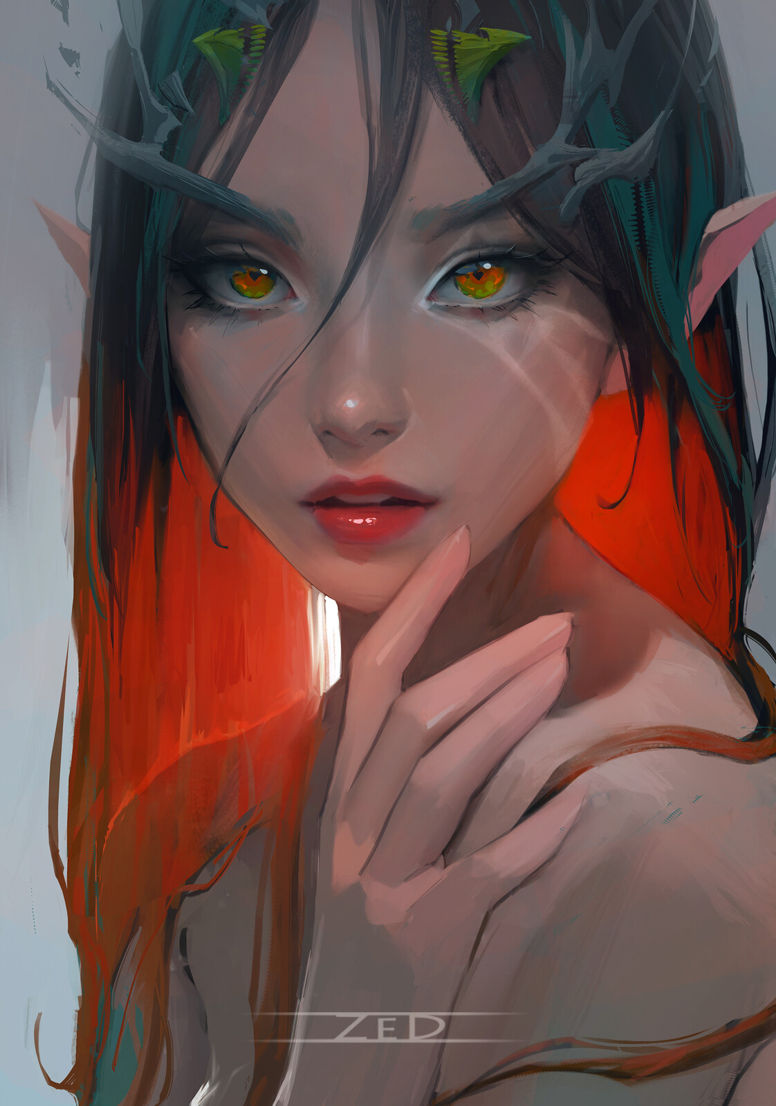 General 1122x1600 Trungbui drawing elves fantasy art red portrait portrait display long hair looking at viewer pointy ears women