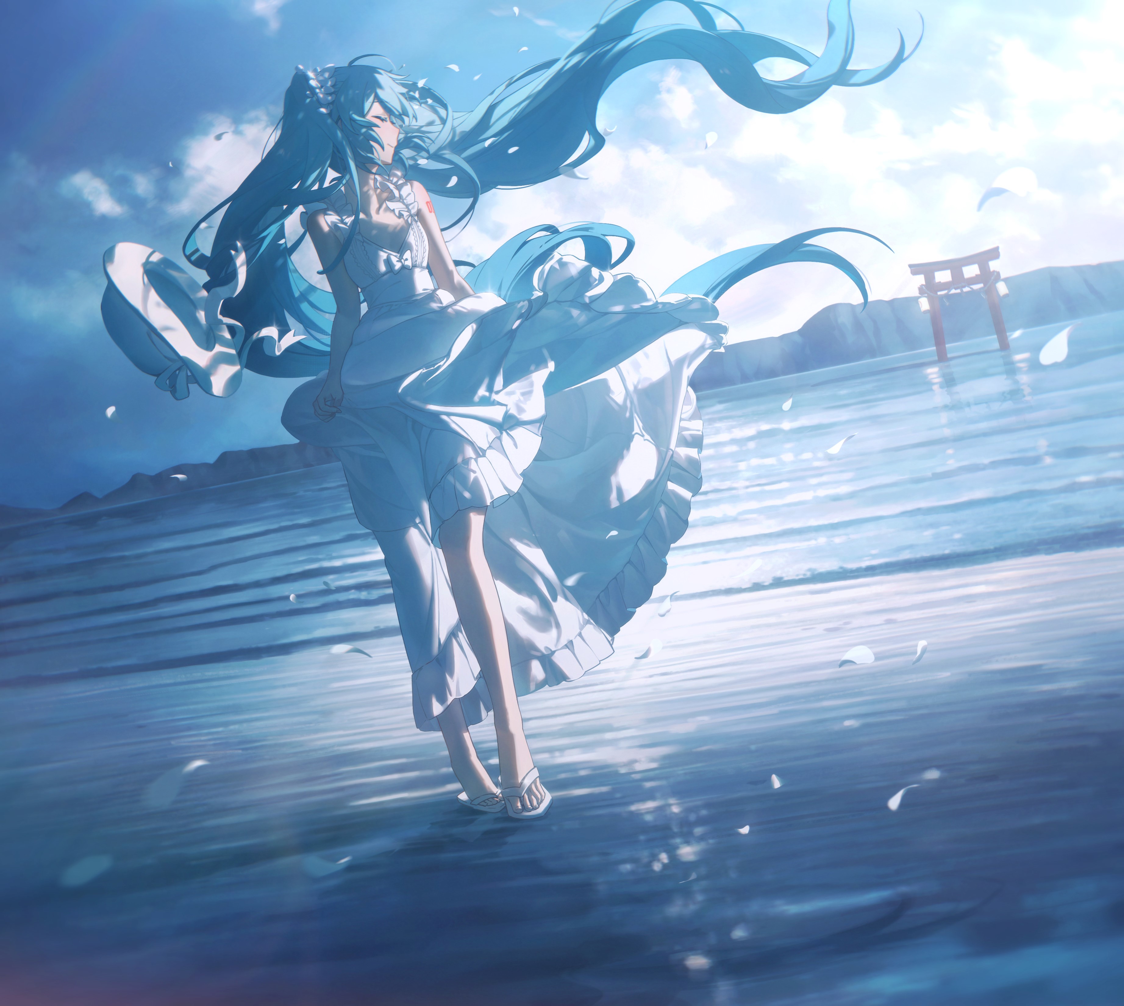 Anime 3687x3300 anime anime girls Hatsune Miku Vocaloid long hair twintails closed eyes water hair blowing in the wind torii dress sky clouds