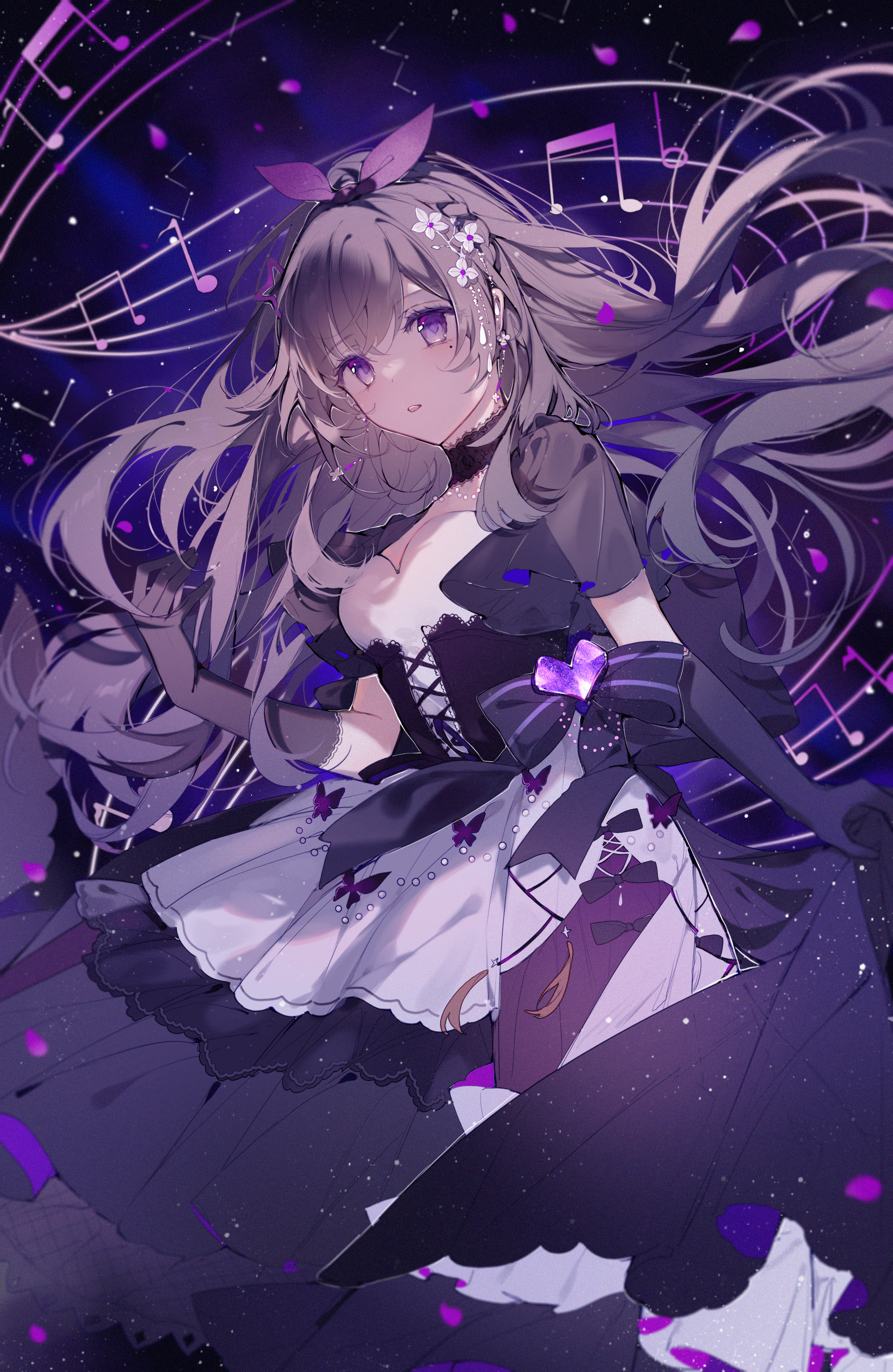 Anime 2009x3087 anime Pixiv anime girls portrait display long hair dress elbow gloves bow tie looking at viewer choker moles mole under eye musical notes petals lifting dress flower in hair