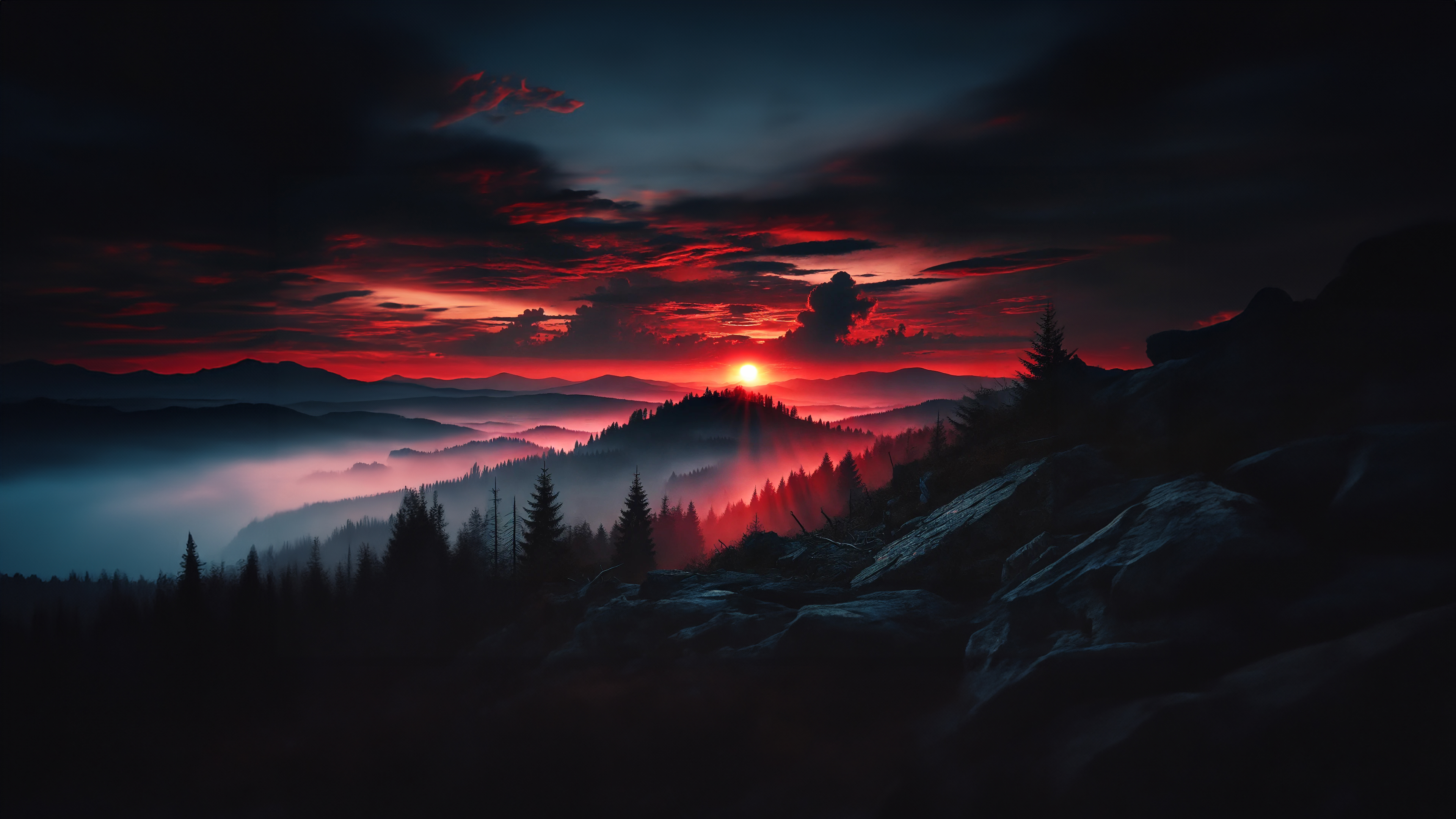 General 3840x2160 nature red dark wood forest Sun sunset dawn Earth hills mountains AI art