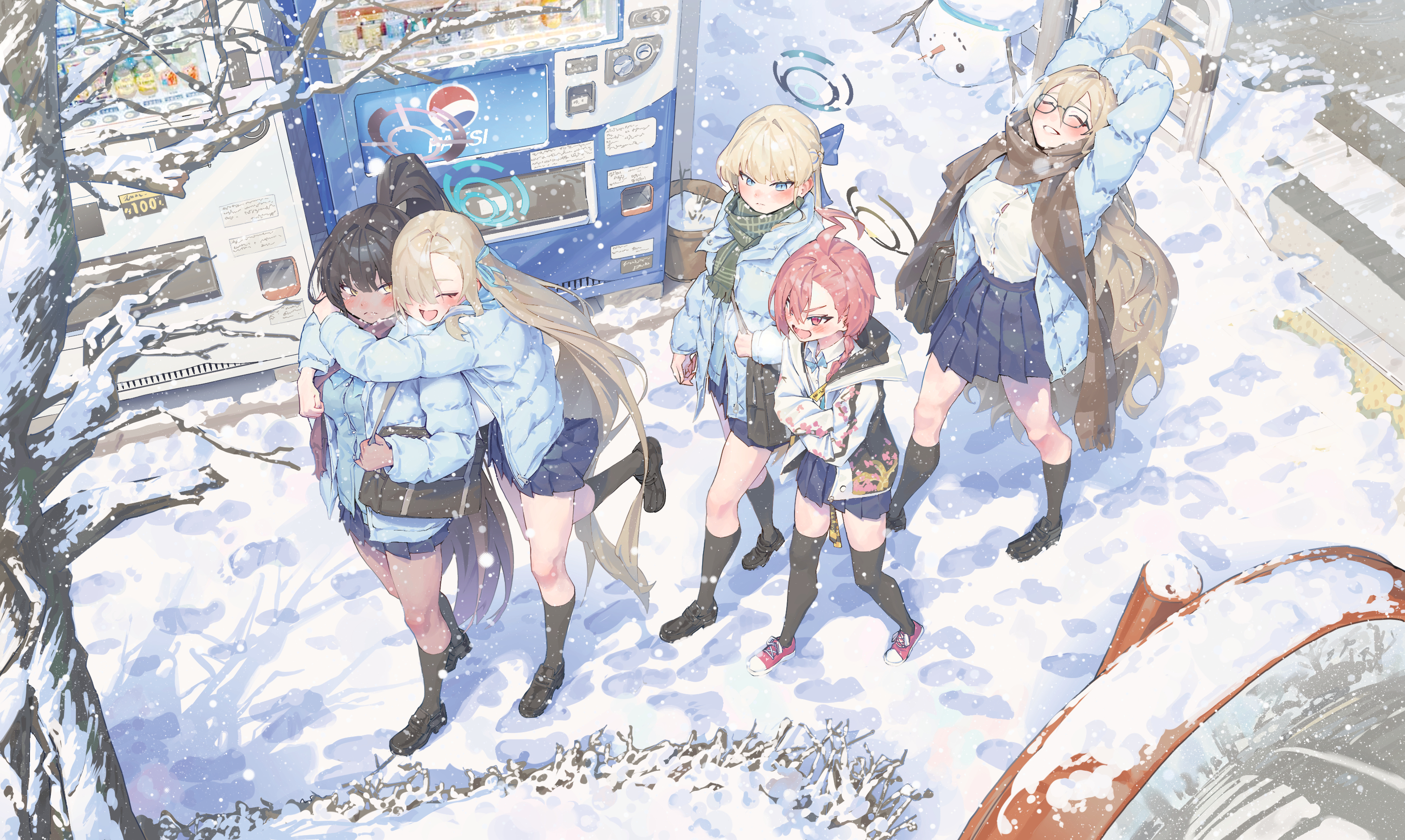 Anime 3142x1878 Blue Archive knee-highs Kakudate Karin blue skirt Asuna Ichinose blushing Asuma Toki (Blue Archive) Mikamo Neru stretching Murokasa Akane long hair group of women walking schoolgirl school uniform women indoors snowman vending machine scarf zettai ryouiki blue coat footprints high angle snow schoolbags hugging glasses