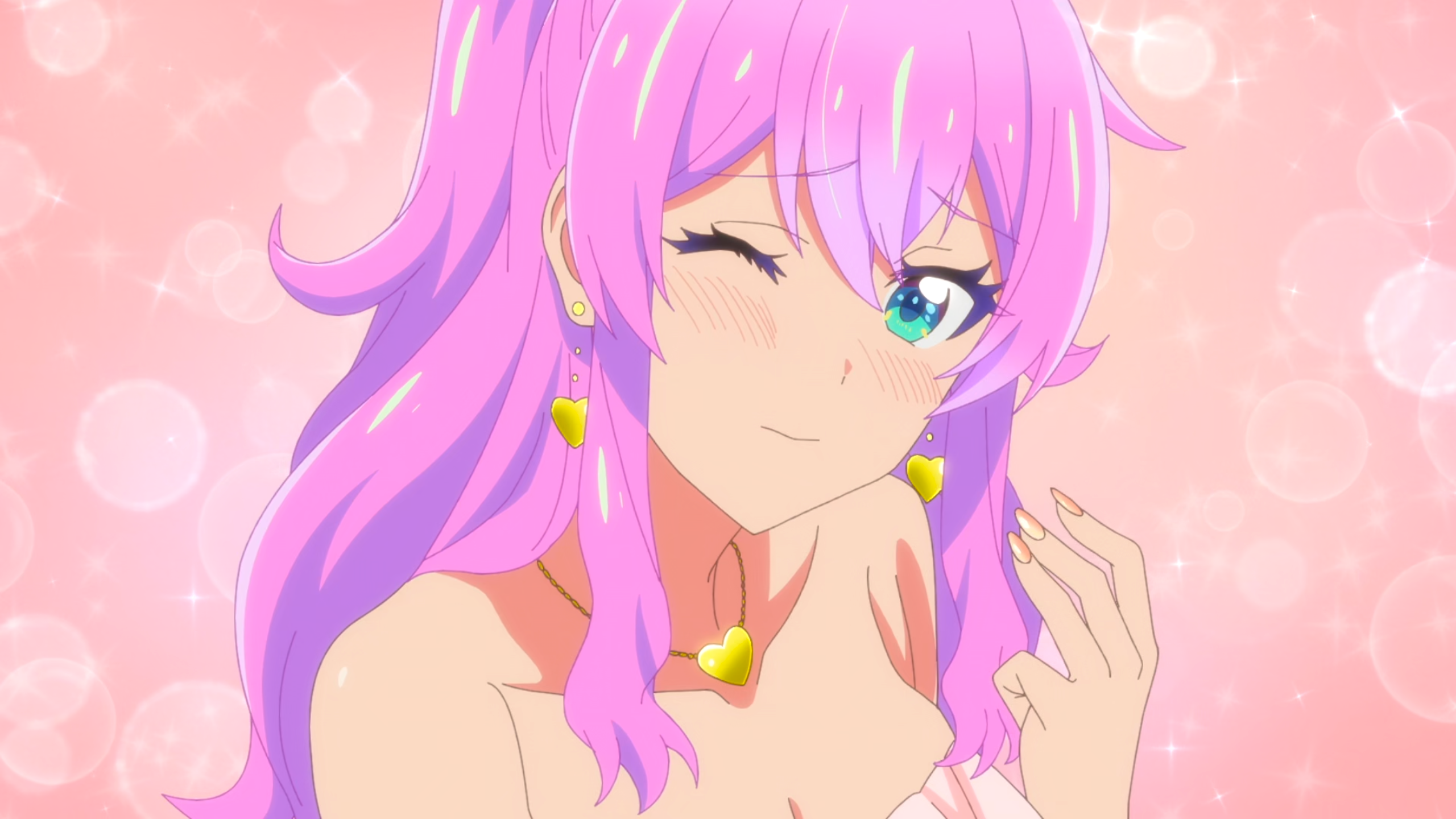 Anime 2560x1440 More Than a Married Couple, But Not Lovers anime anime girls anime screenshot Gyaru Akari Watanabe pink hair earring necklace blushing painted nails