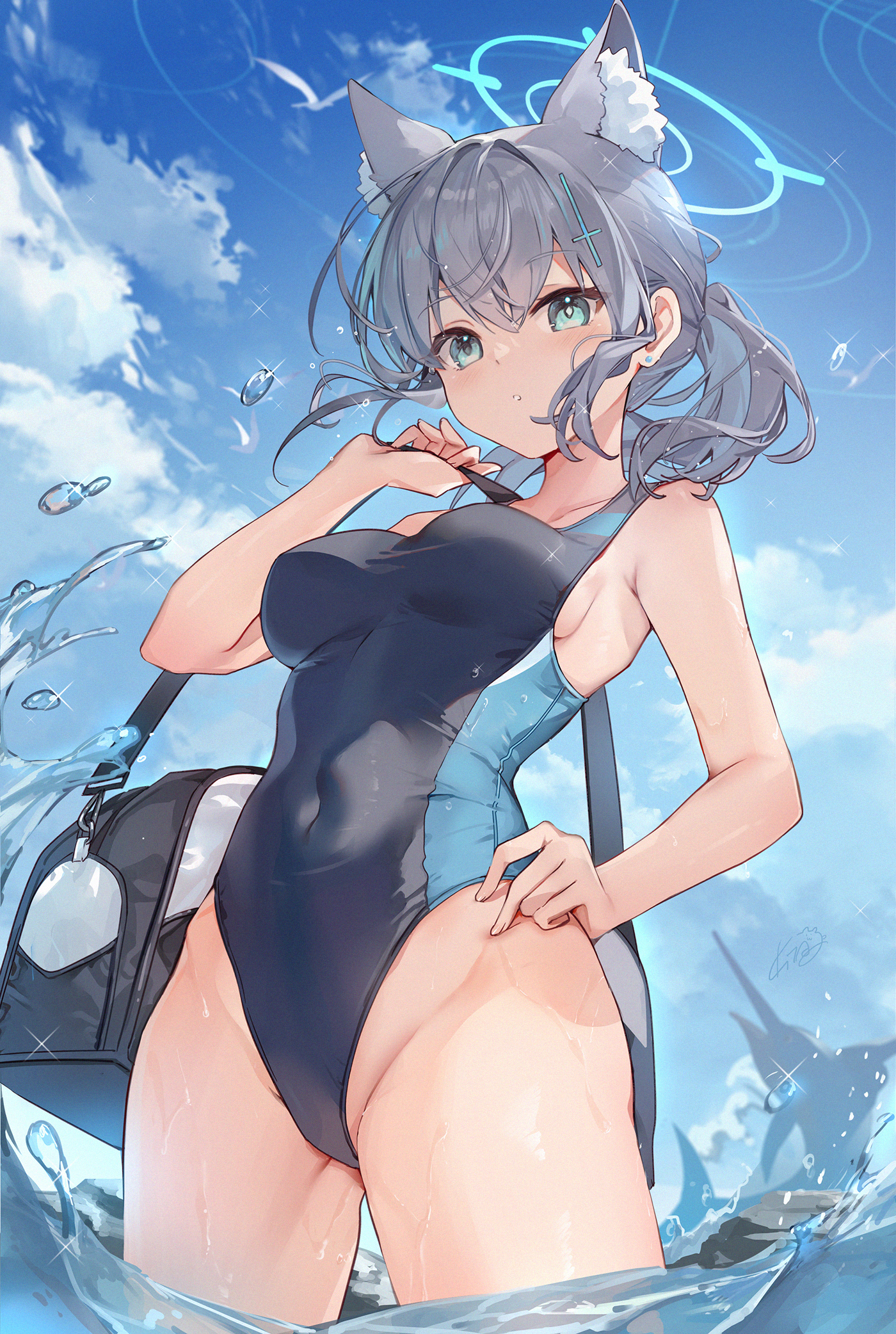 Anime 1400x2084 Blue Archive blue eyes portrait display long hair Shiroko (Blue Archive) sky looking at viewer clouds water standing in water one-piece swimsuit wet hair between eyes fish swimwear animal ears water drops gray hair Kita thighs halo