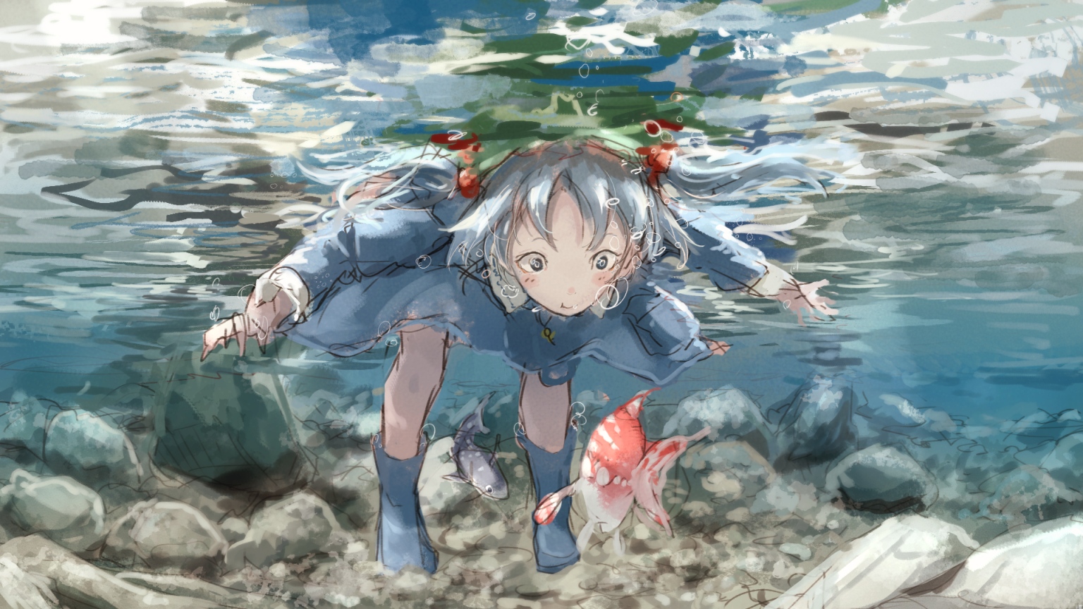 Anime 1536x864 Touhou Kawashiro Nitori  water fish underwater bubbles