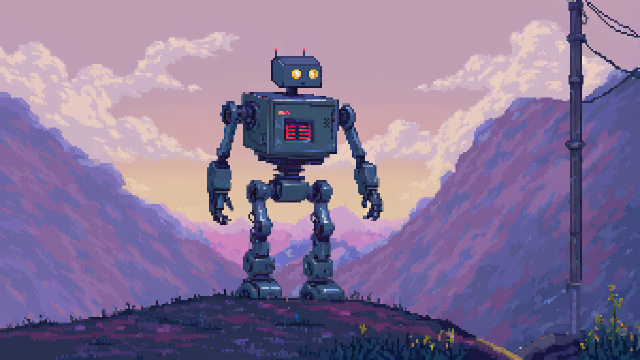 General 2560x1440 digital art pixel art pixelated pixels robot utility pole landscape hills