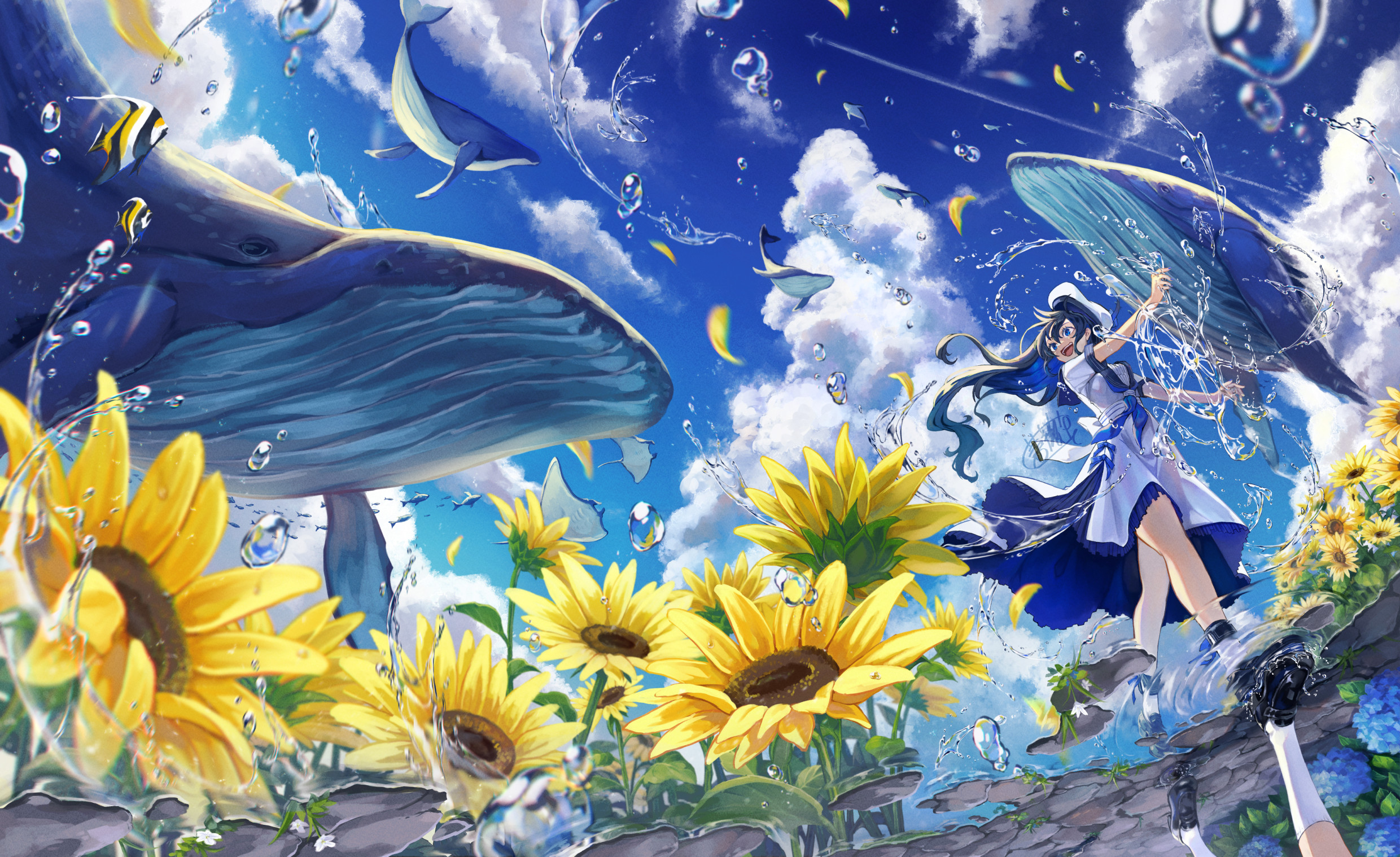Anime 2480x1518 Canned Rose flying whales looking away low-angle yellow flowers cumulus water drops tropical fish open mouth signature berets sky fish reflection sailor uniform women outdoors flowers hat whale smiling sunflowers dark blue hair puddle water dress