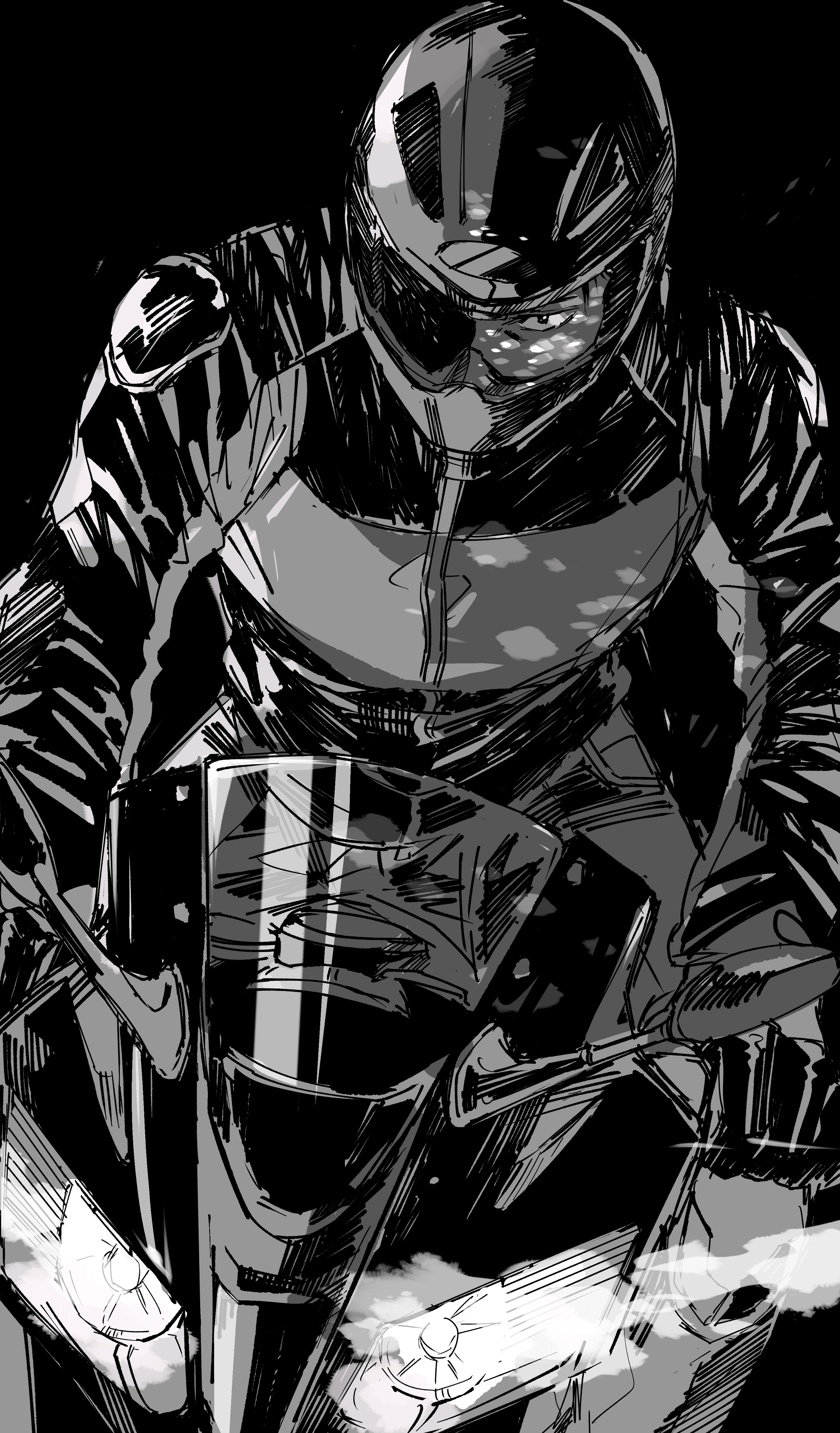 General 3035x5176 monochrome low saturation motorcycle helmet looking at viewer sketches