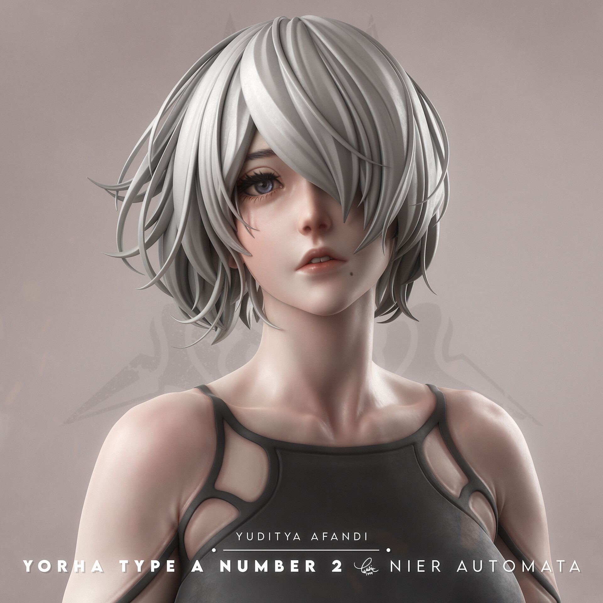 General 1920x1920 Yuditya Afandi CGI A2 (Nier: Automata) hair over one eye androids digital art closeup simple background text caption silver hair mole under mouth moles parted lips short hair blue eyes watermarked looking at viewer face collarbone fantasy girl video game girls head tilt video game characters