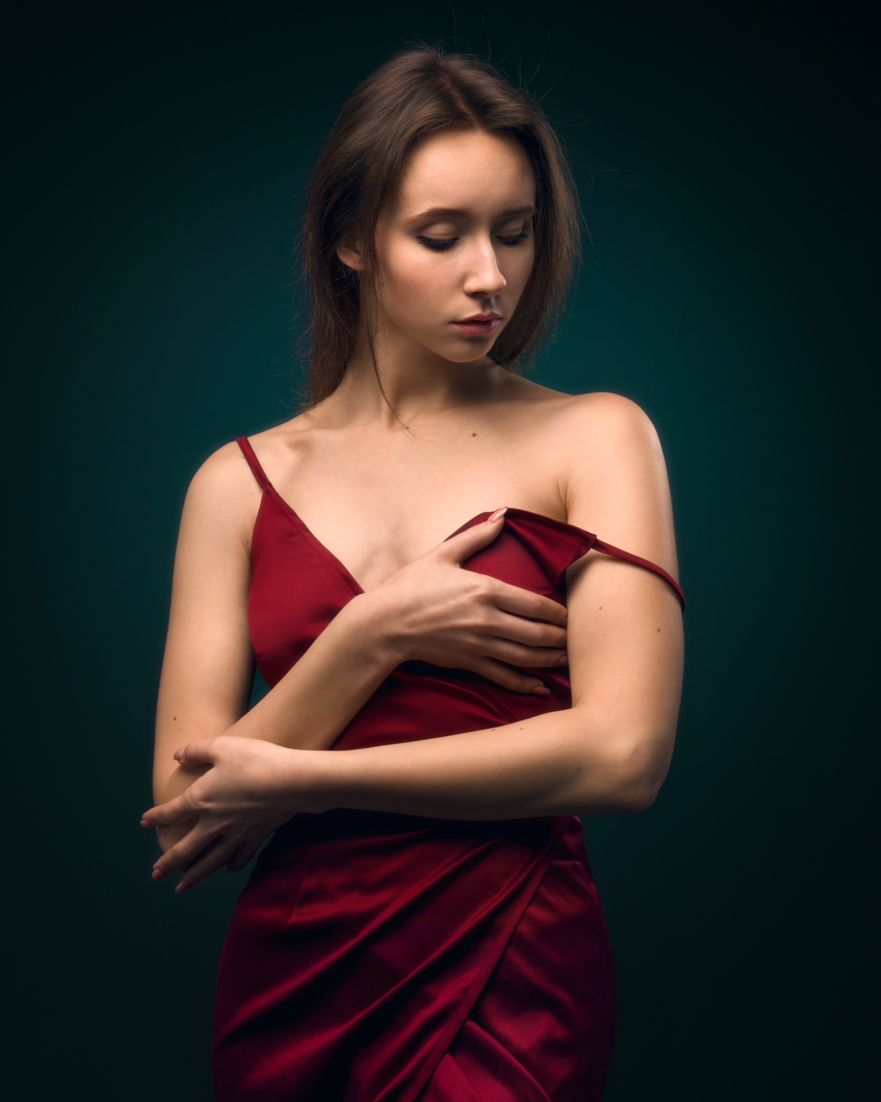 People 1727x2160 Anastasia Grinenko women brunette red dress simple background undressing