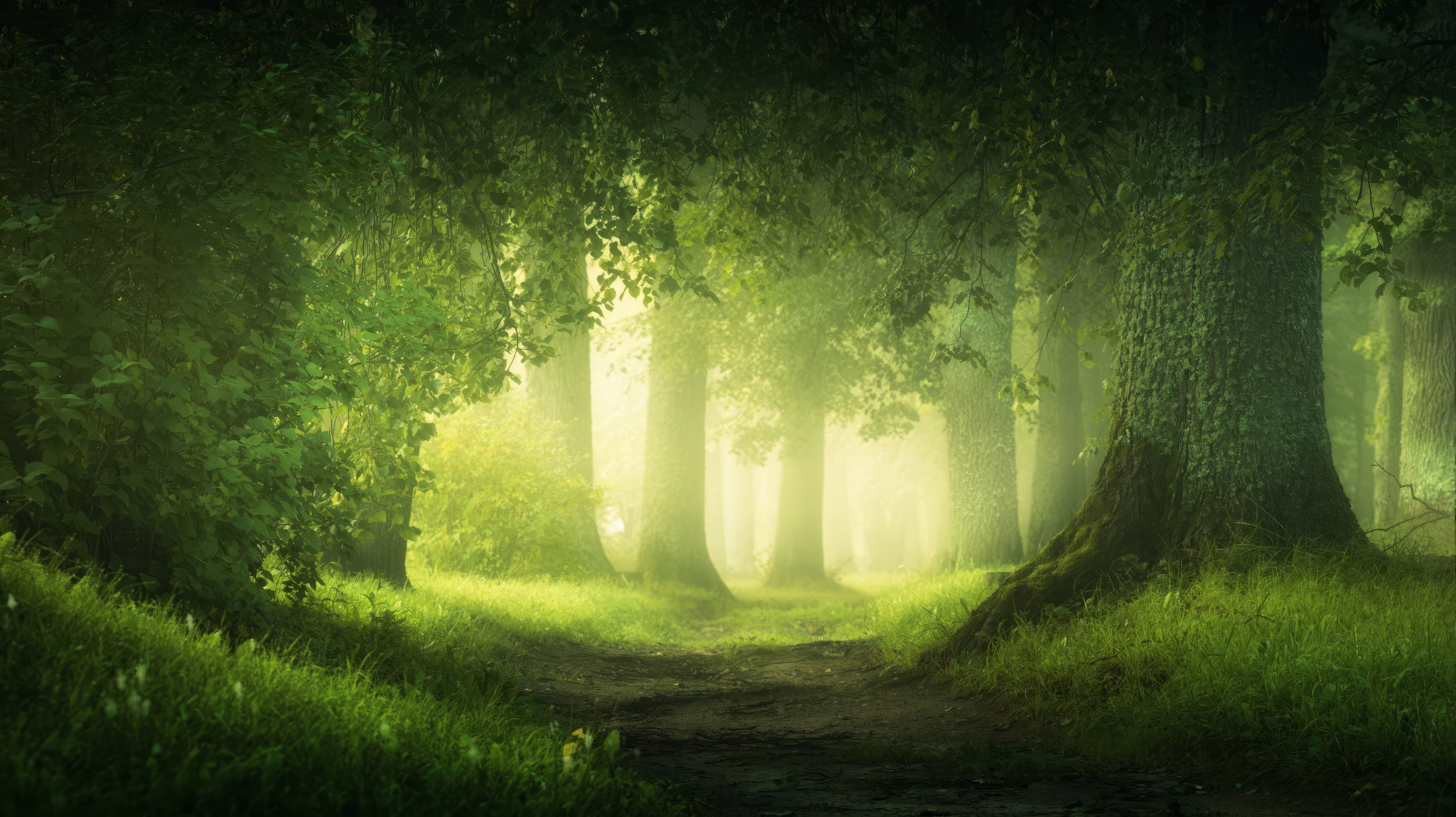 General 5120x2874 green landscape nature sunlight grass forest trees leaves glowing dirt path