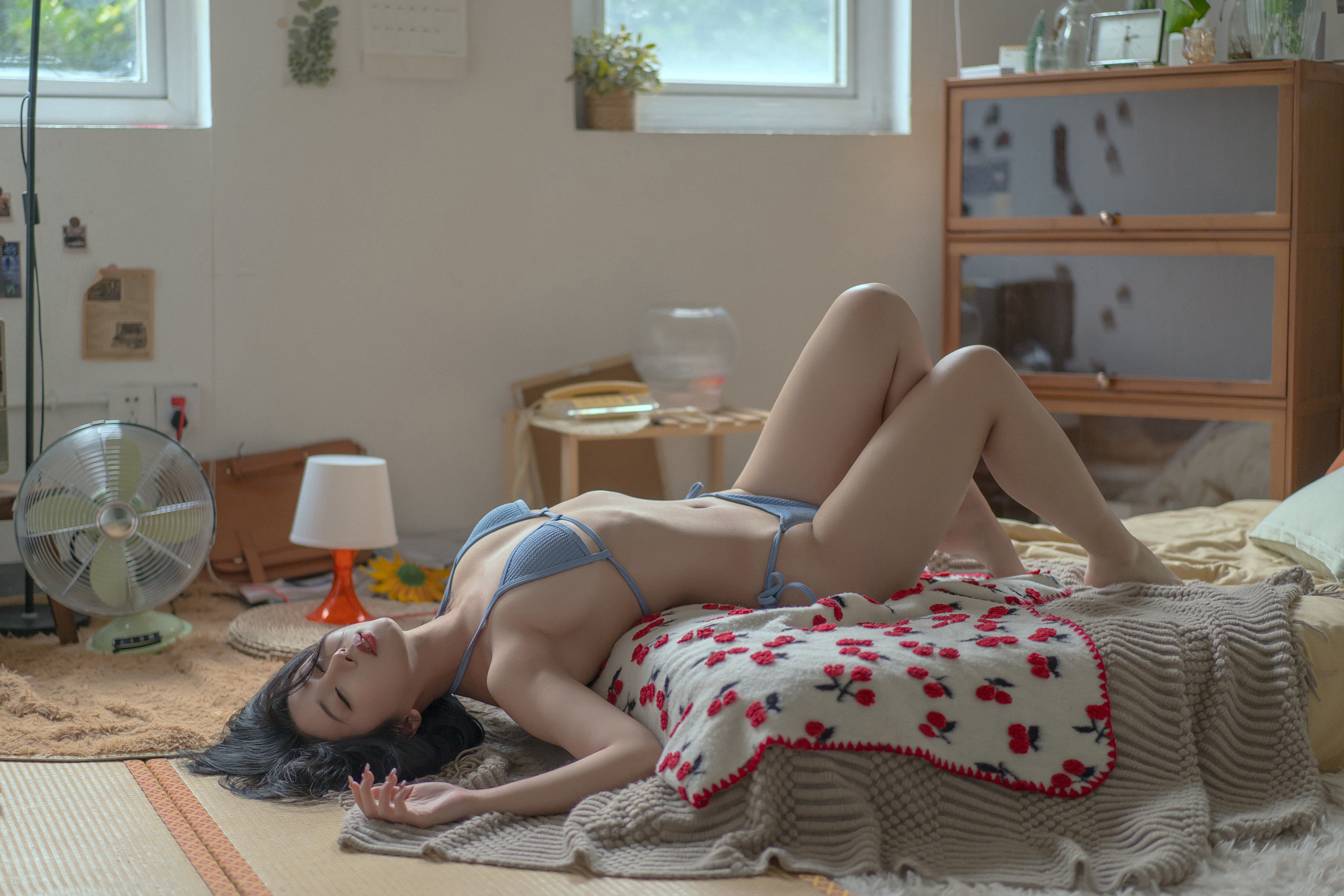 People 6000x4000 Yun XiXi Asian in bed legs women model brunette closed eyes parted lips bikini blue bikini arched back ribs belly button barefoot arms up armpits lying on back bed bedroom fans lamp blankets women indoors whole body bent legs indoors side view