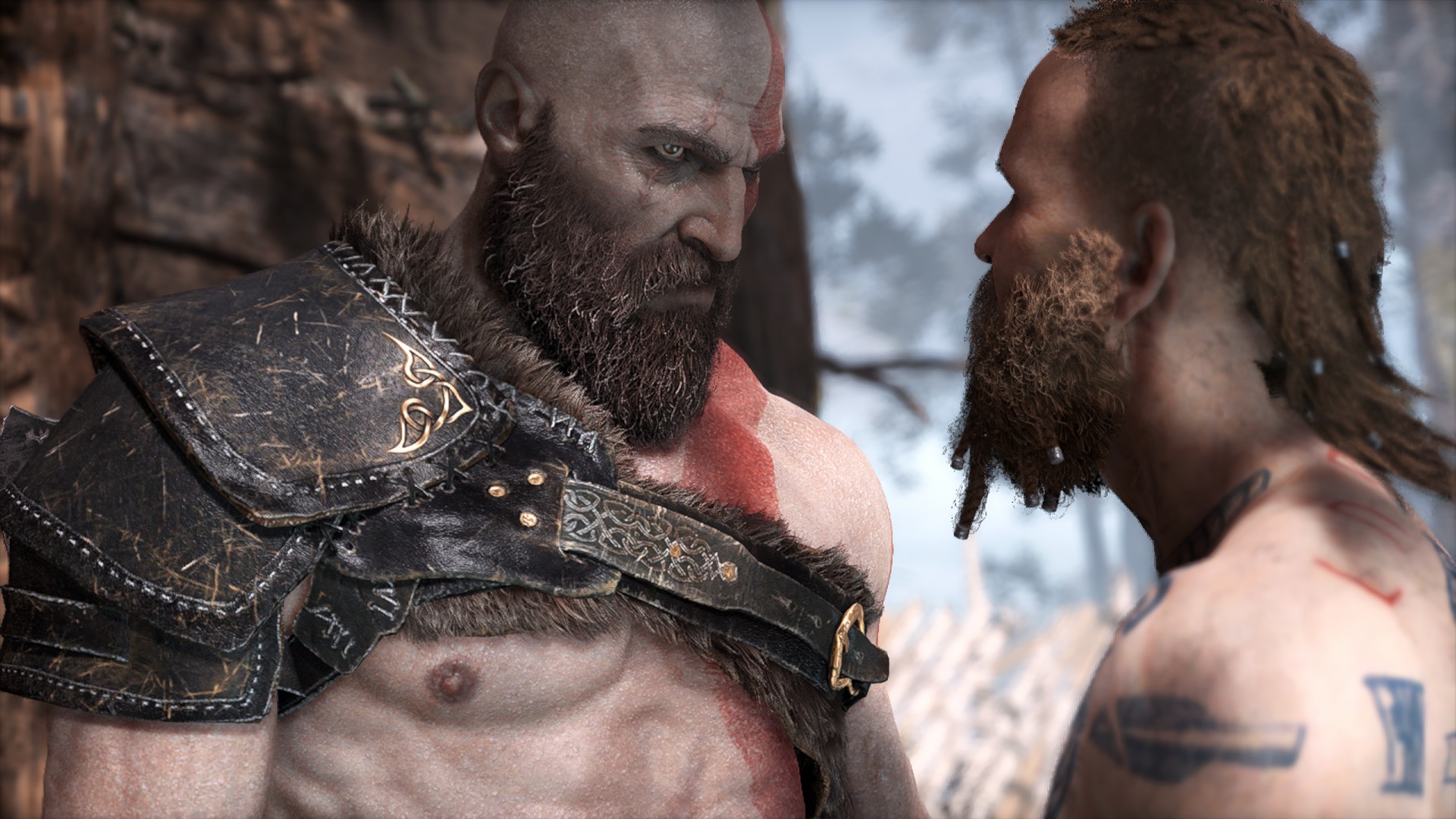 General 1920x1080 Kratos God of War war video games video game characters Santa Monica Studio face to face nipples men two men