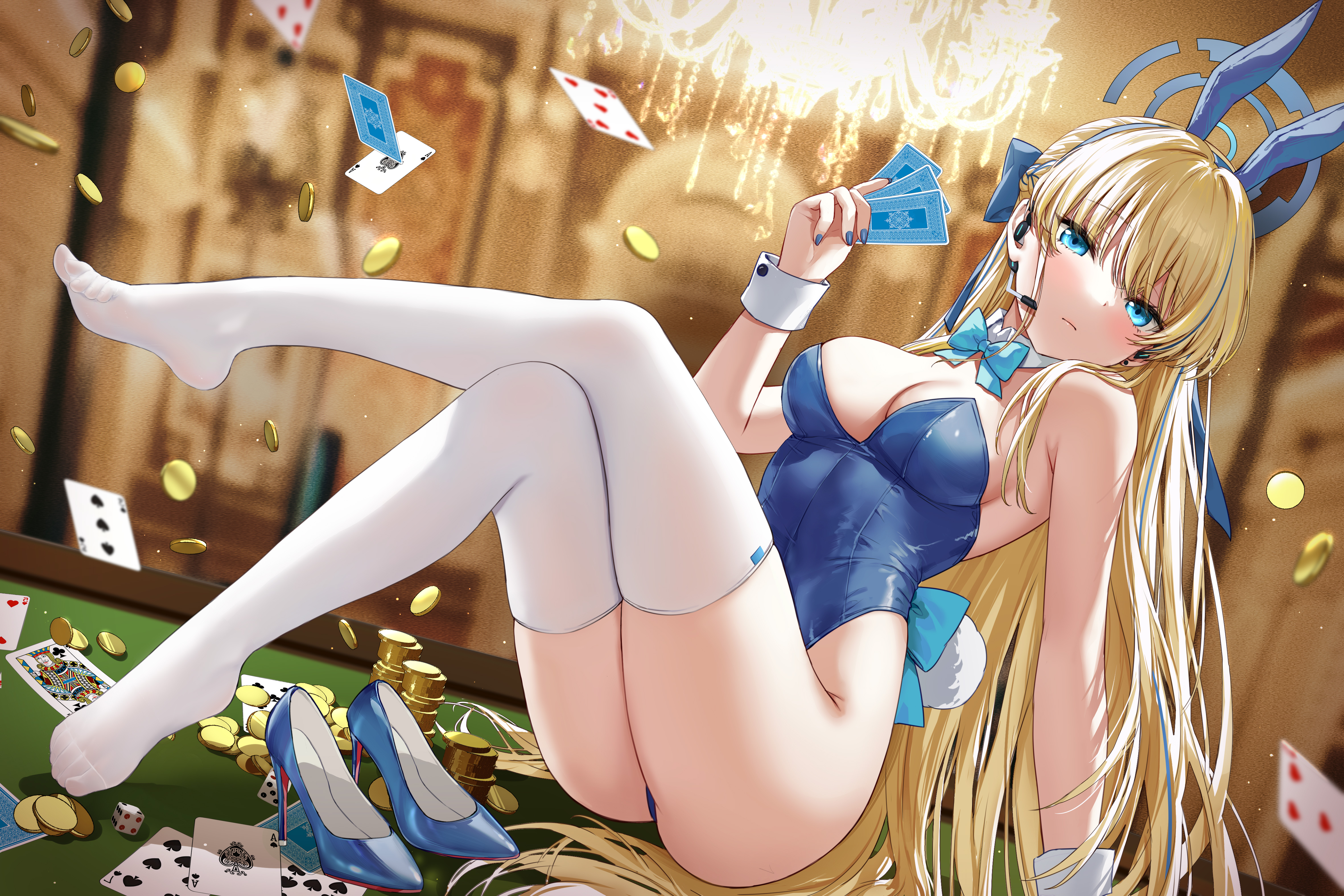 Anime 4724x3150 Blue Archive bunny ears Asuma Toki (Blue Archive) bunny girl bunny suit stockings white stockings blue leotard Devil Heavens looking at viewer blonde closed mouth bunny tail hair ribbon arm support big boobs bare shoulders women indoors cleavage wrist cuffs playing cards gold coins nail polish heels thighs tail coins leotard cards