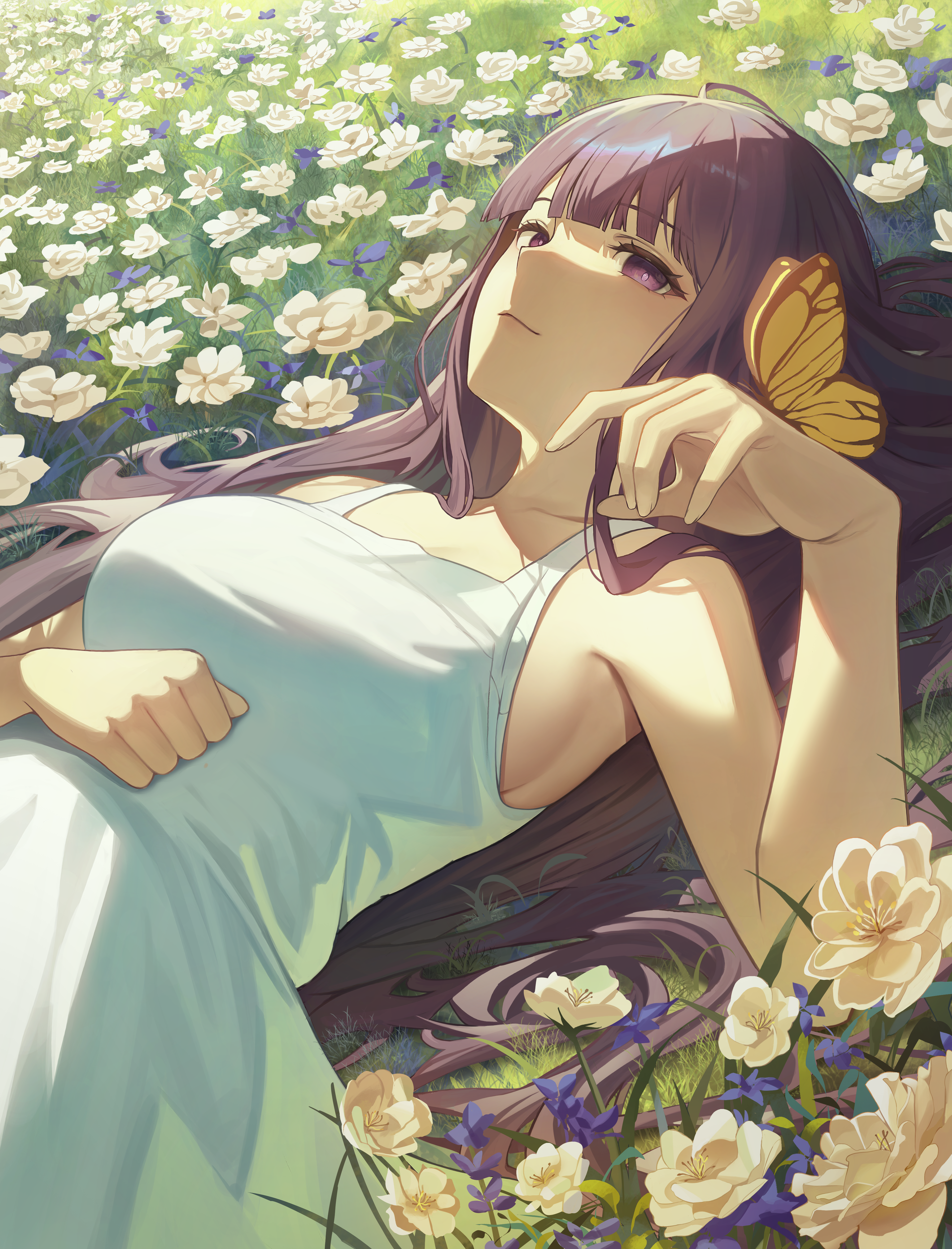 Anime 3590x4710 Sousou No Frieren flowers portrait display butterfly Fern (Sousou No Frieren) purple eyes white dress looking at viewer Unnunal closed mouth sleeveless women outdoors field purple flowers long hair lying on back lying down dress grass insect