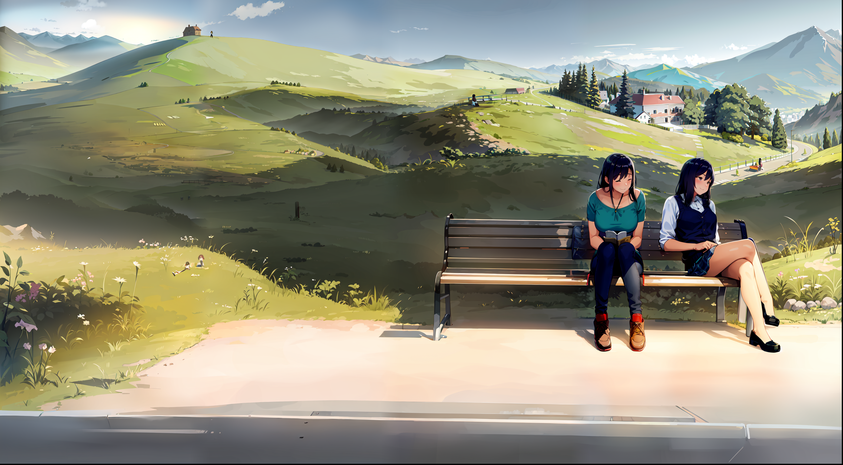 Anime 2784x1536 AI art landscape hills women outdoors anime girls sitting legs crossed bent legs sunlight looking away closed mouth closed eyes blushing two women grass flowers sky clouds nature heels house trees road