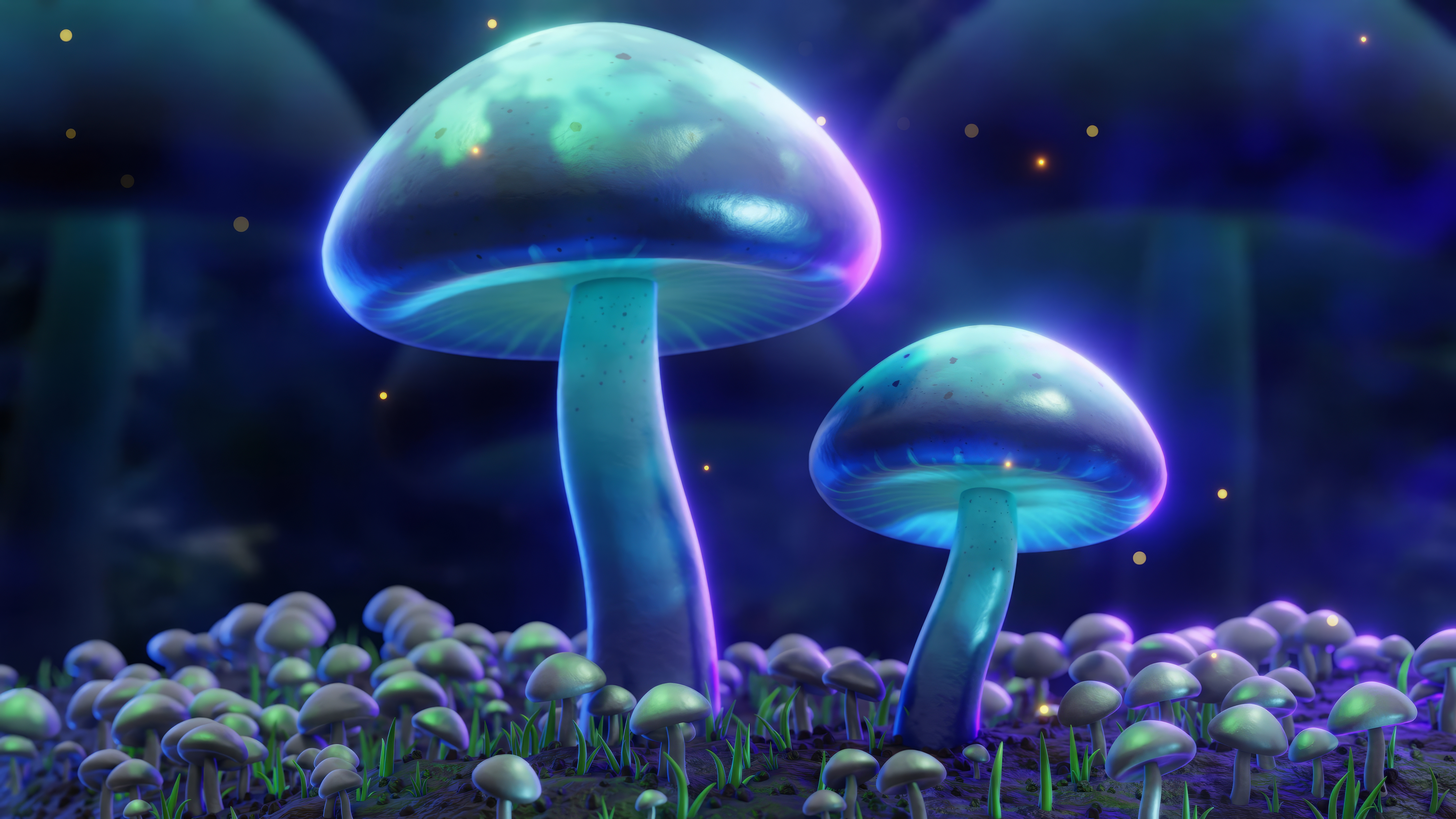 General 5120x2880 mushroom neon bright turquoise blue night CGI grass digital art closeup
