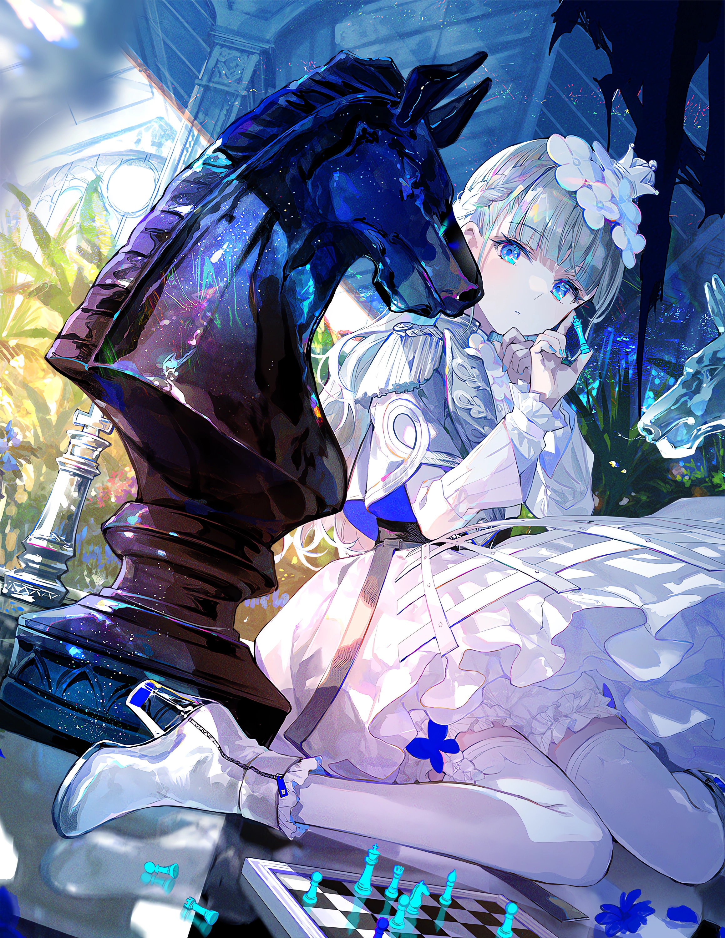 Anime 2318x3000 anime anime girls Fuji Choko flower in hair chess portrait display looking sideways bangs board games reflection bloomers white dress flowers sitting frills pillar crown heels long hair blunt bangs kneeling dress skirt plants sunlight boots ankle boots stockings blue eyes hair ornament thinking blue nails painted nails frill dress gray hair original characters braids