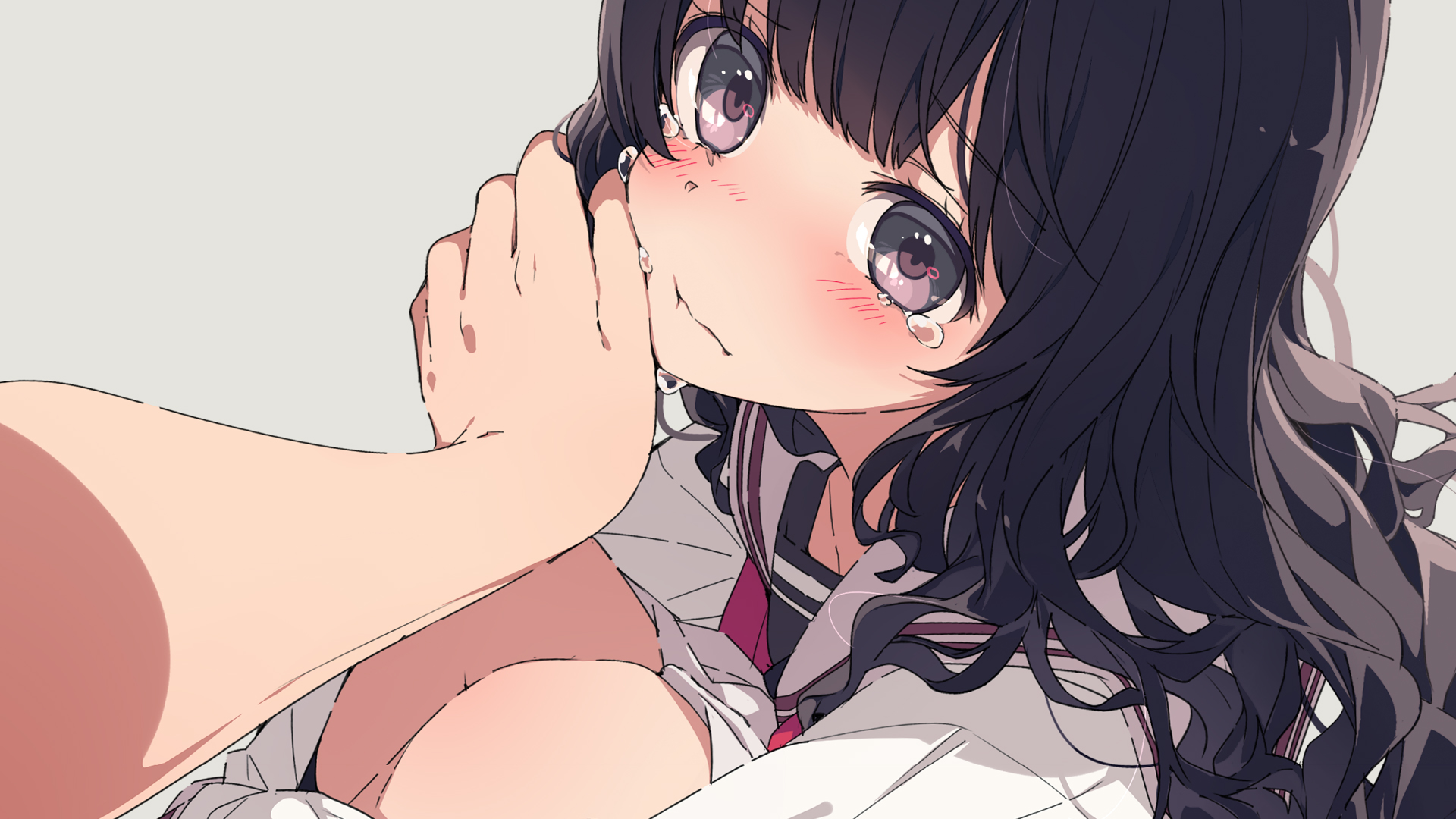 Anime 1920x1080 anime anime girls Ogipote touching face blushing closed mouth simple background tears looking at viewer long hair schoolgirl school uniform bent legs brunette hands face closeup