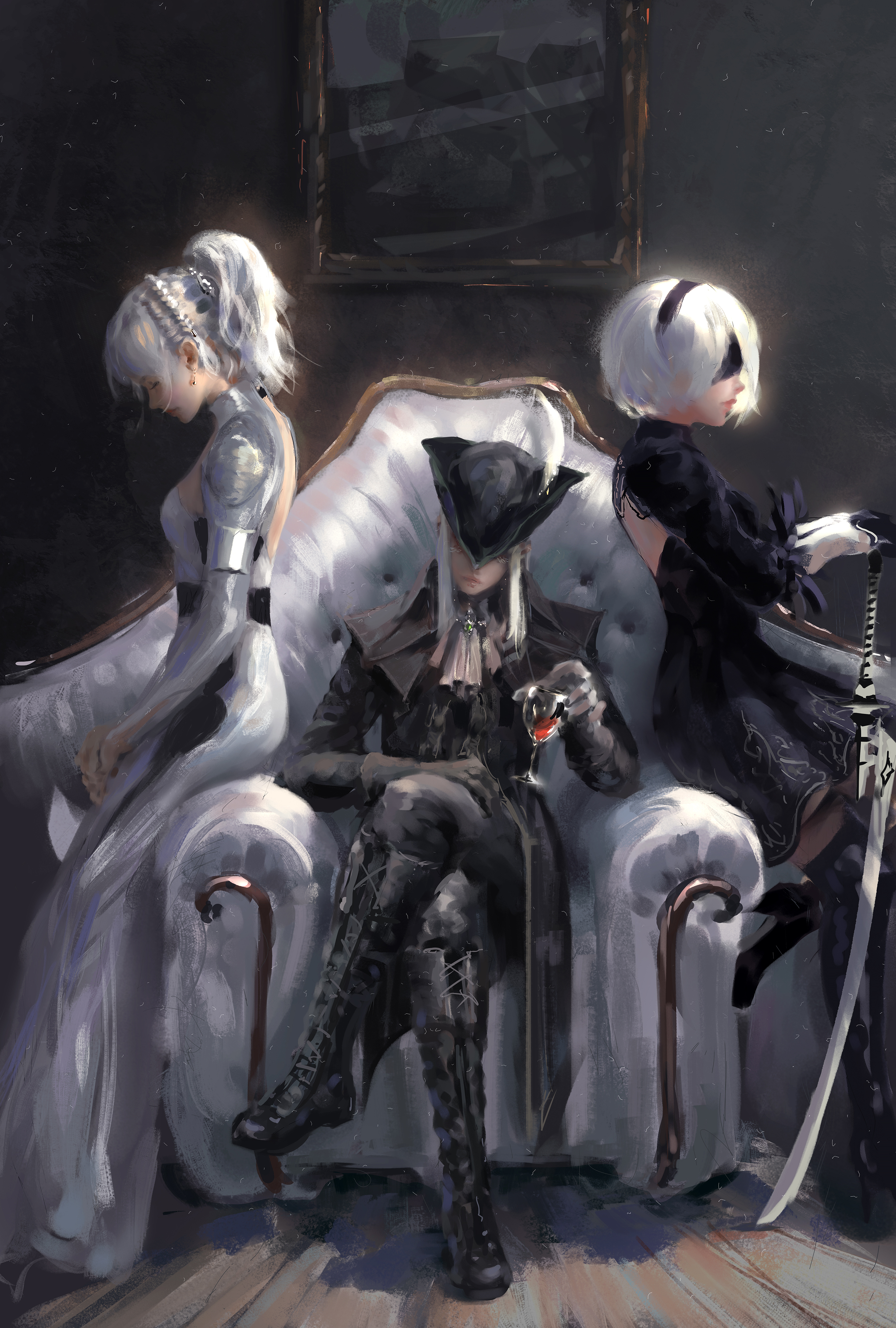 General 2692x3988 Nier: Automata 2B (Nier: Automata) Bloodborne Lady Maria Caucasian white hair black clothing leather clothing Leather gloves leather boots long coat leather coat leather hat plume black dress high heeled boots thigh high boots frills frill dress sword wine wine glass armchair artwork video games video game characters