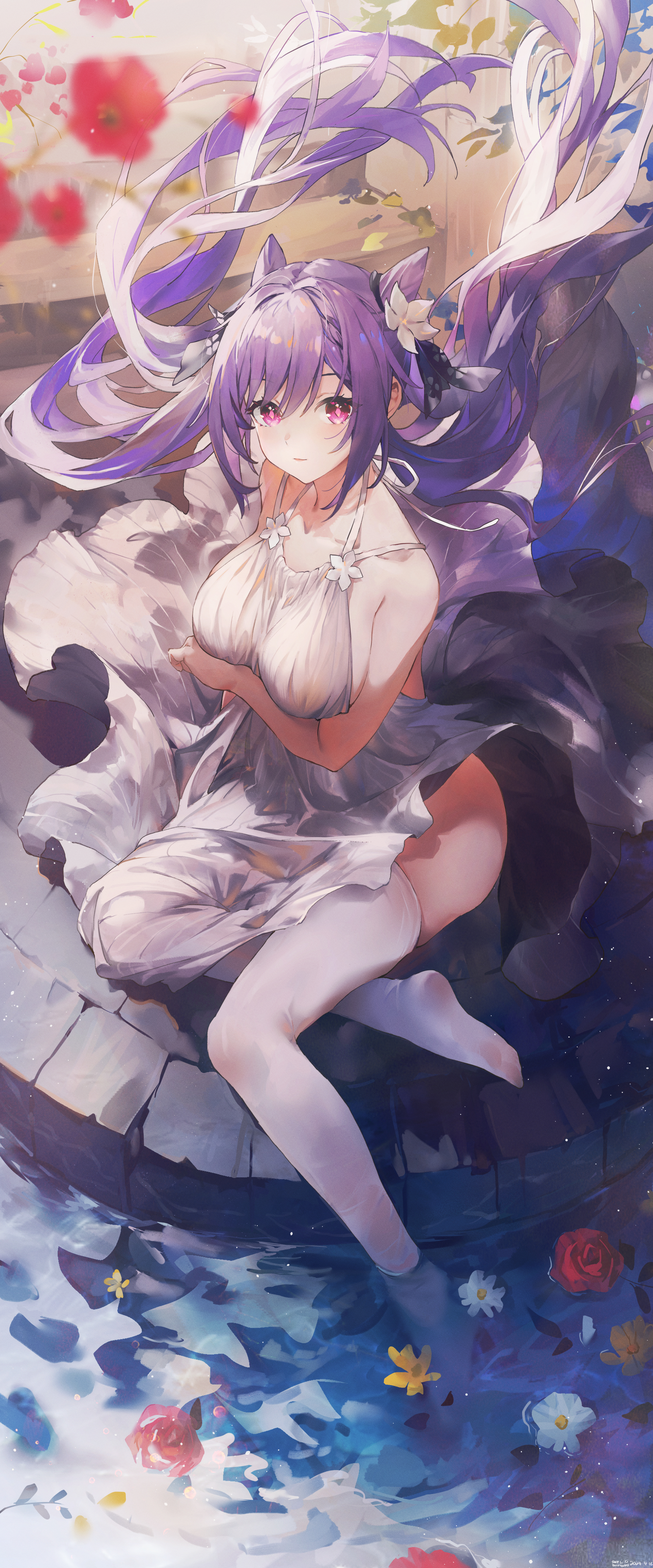 Anime 2700x6480 Genshin Impact artwork Keqing (Genshin Impact) anime anime girls purple hair purple eyes cat ears twintails big boobs sideboob white dress water SWKL portrait display looking at viewer long hair collarbone closed mouth white thigh highs flowers sunlight flower in hair