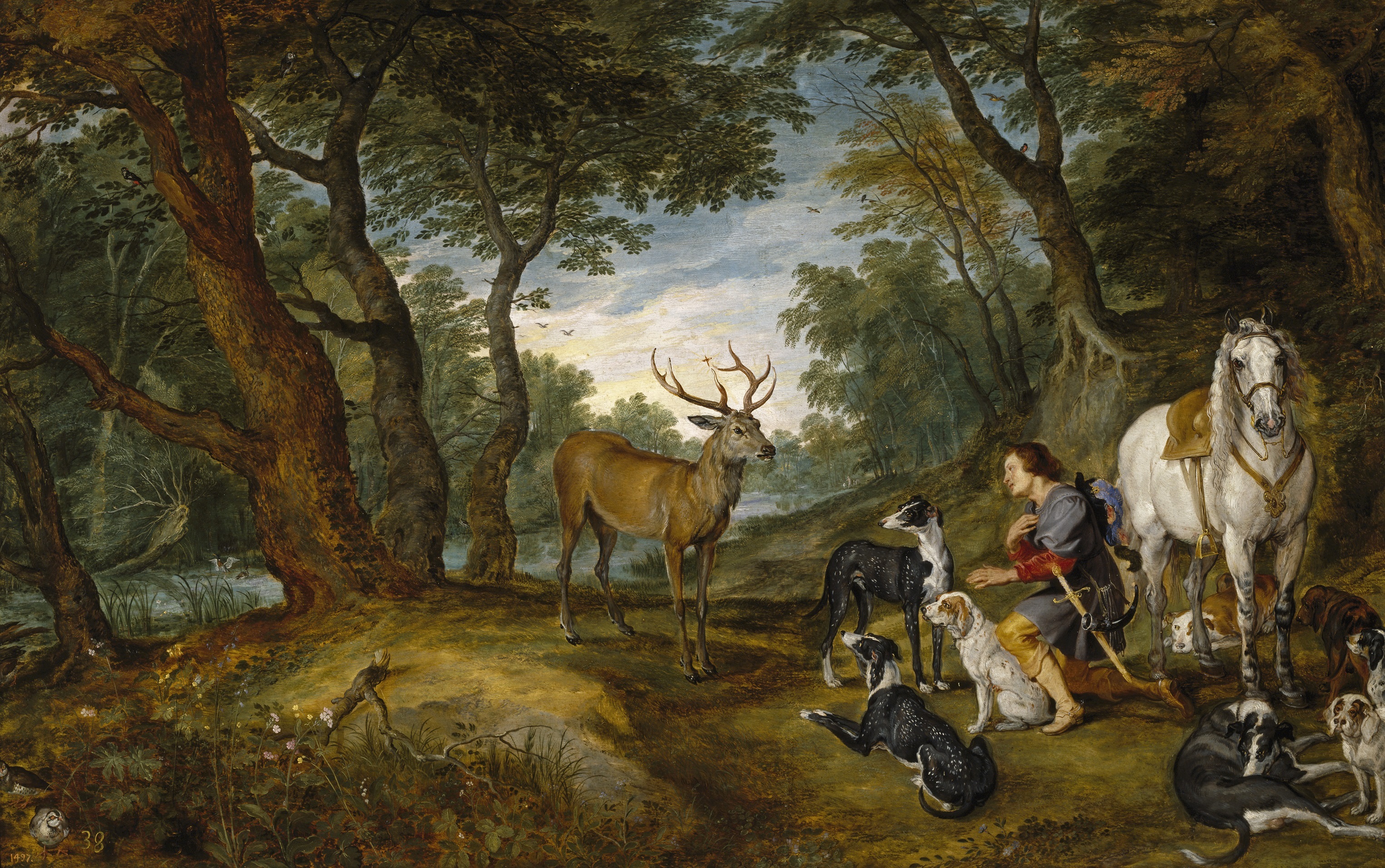 General 3051x1912 Peter Paul Rubens Jan Bruegel Oil on canvas oil painting painting artwork nature forest animals deer dog men sword horse sky flowers leather boots