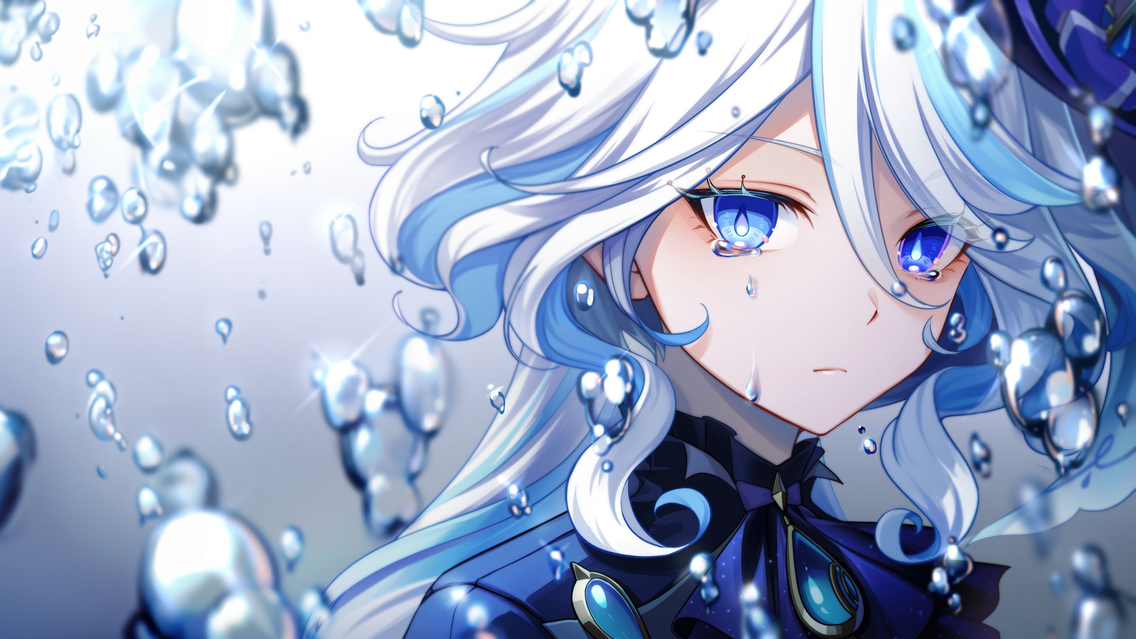 Anime 3840x2160 Furina (Genshin Impact) video game characters Genshin Impact anime girls hair between eyes long hair heterochromia blue eyes two tone hair blue hair looking at viewer water water drops sparkles gemstones closed mouth symbol-shaped pupils face anime simple background teardrop ascot hat women with hats portrait crying tears