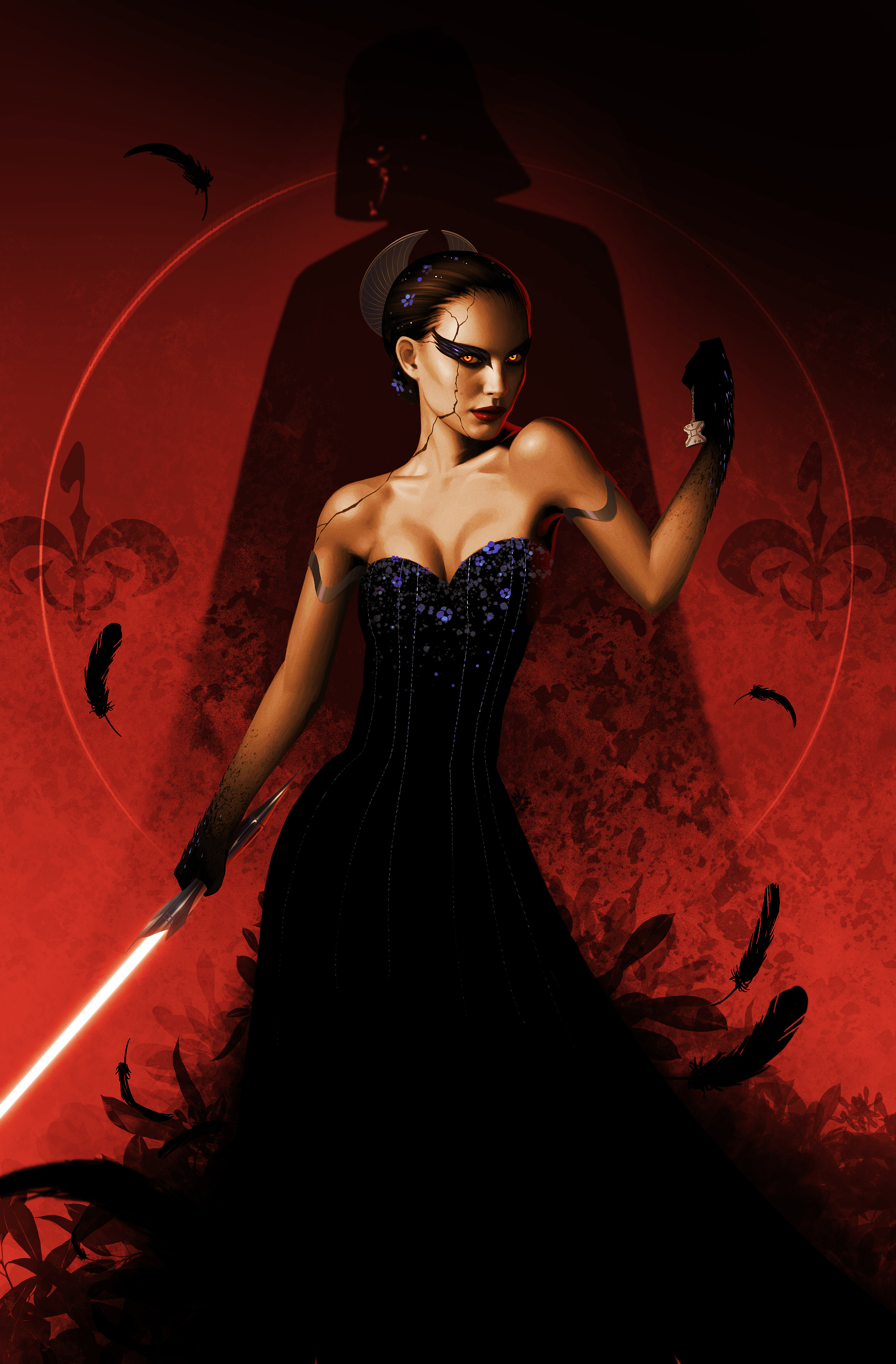 General 2300x3500 Star Wars Anakin Skywalker Padme Amidala Darth Vader Sith red background lightsaber red movies digital art clothes couple emperor cleavage