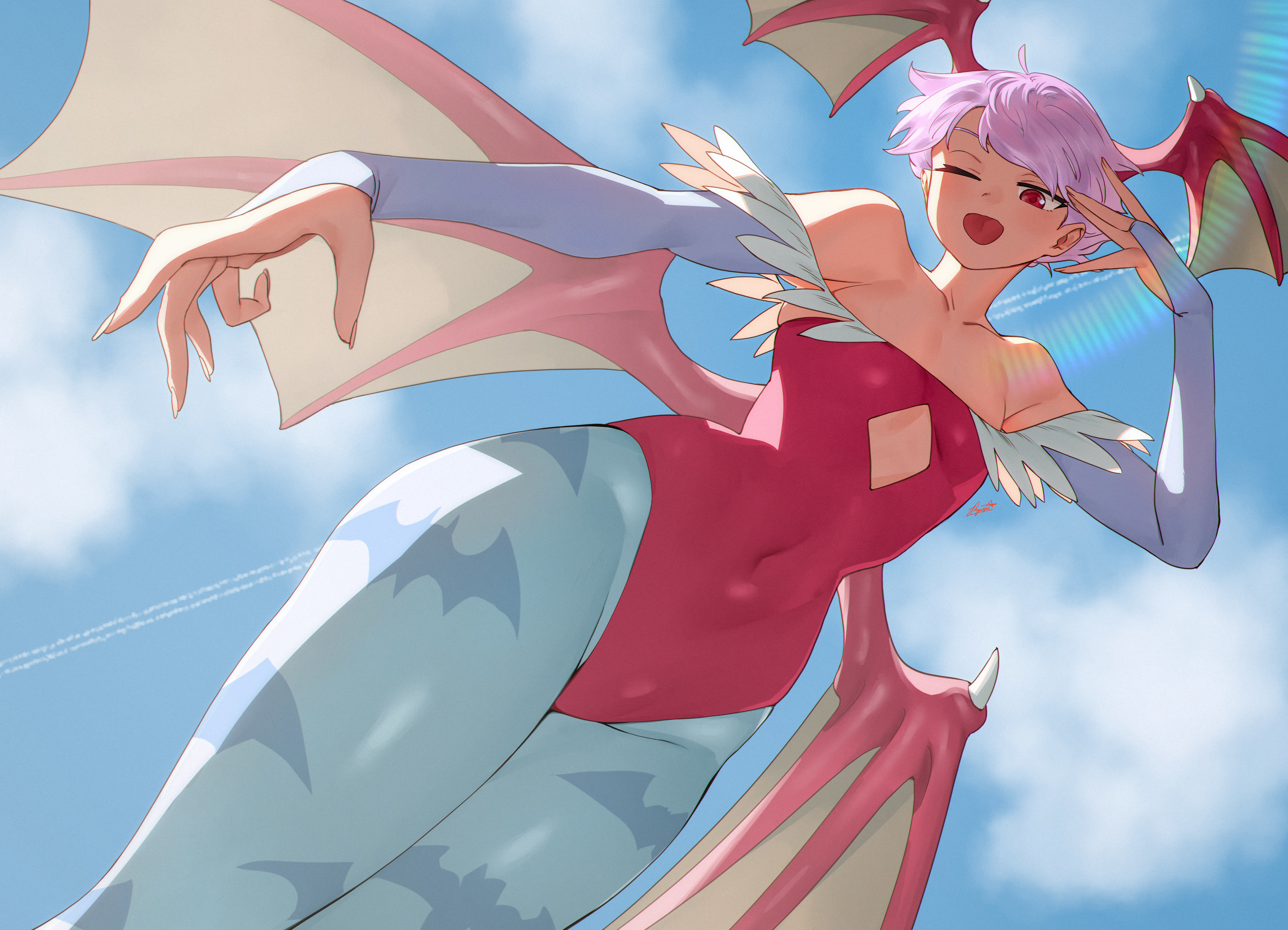 Anime 8703x6286 Lilith Aensland (Darkstalkers) Darkstalkers anime girls pantyhose wings pink hair open mouth