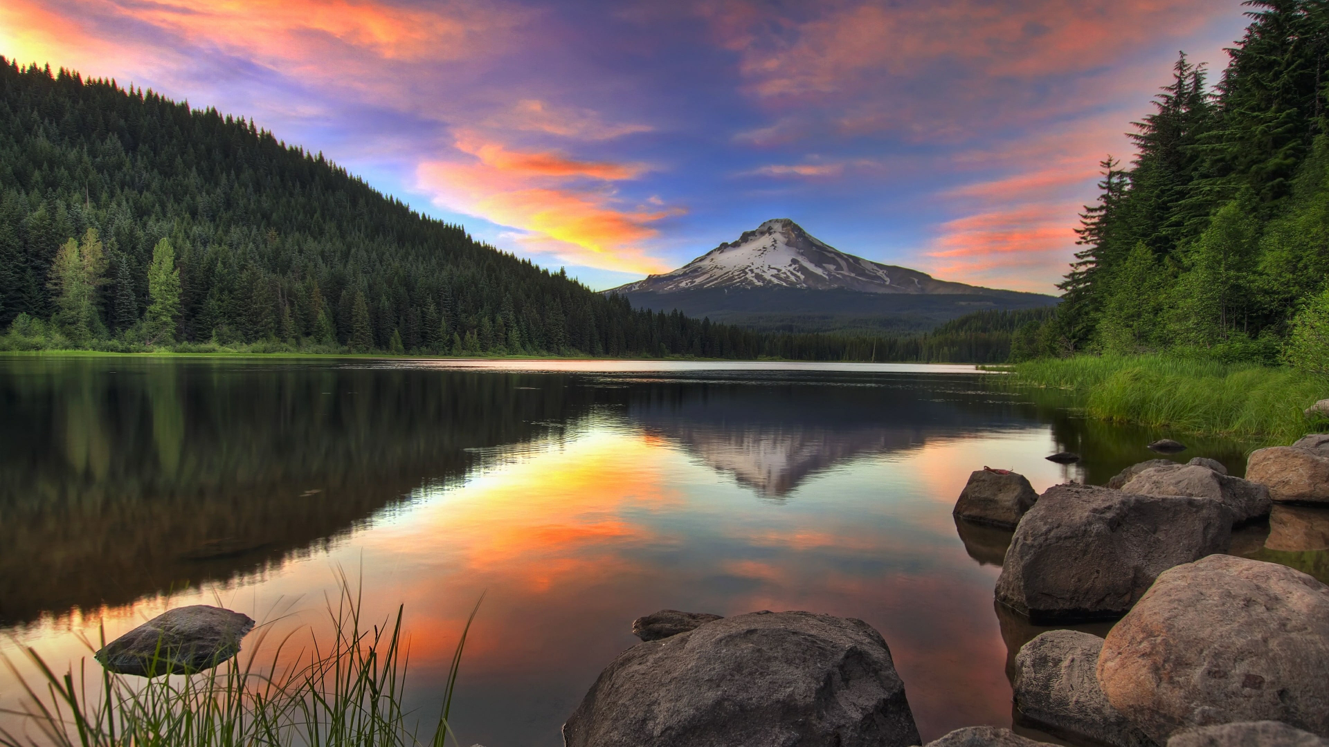General 1920x1080 Mount Hood trees rocks water nature mountains clouds reflection sky