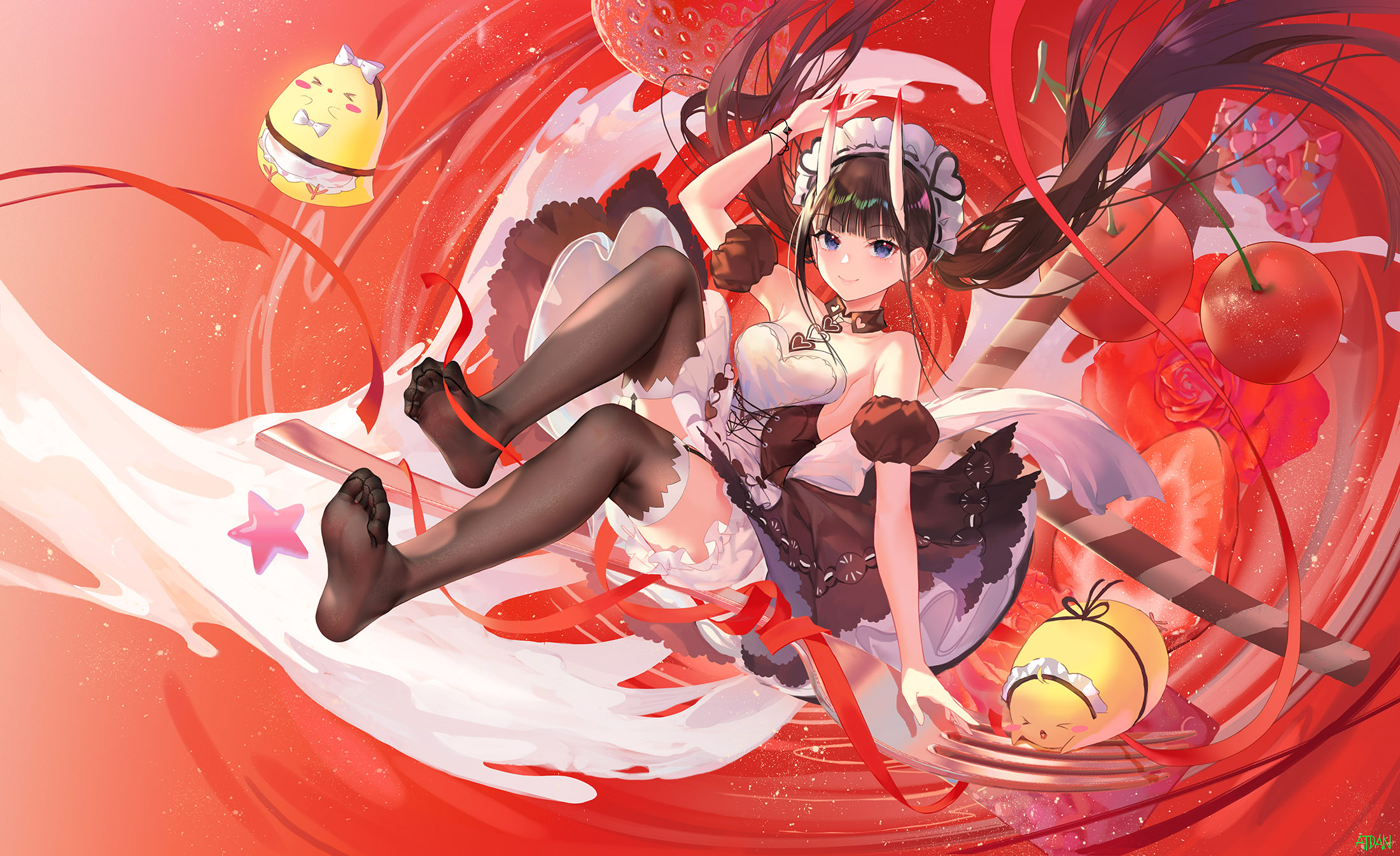 Anime 2200x1345 Atdan anime girls horns maid maid outfit stockings cherries strawberries fruit fork Noshiro (Azur Lane) Azur Lane