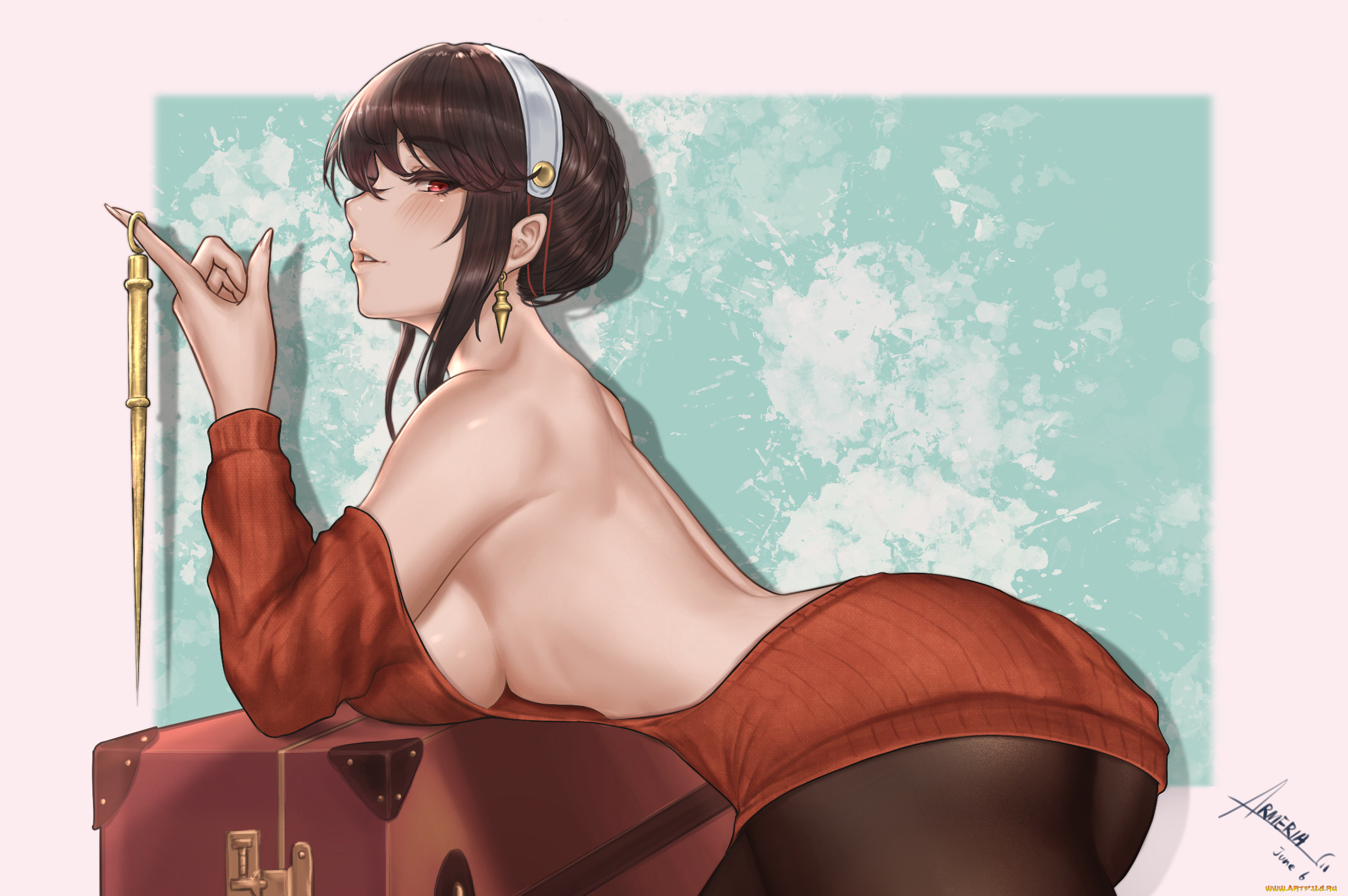Anime 2452x1630 anime women anime girls brunette red eyes sideboob boobs big boobs bent over red clothing suitcase short hair long earrings looking at viewer curvy Spy x Family Yor Forger ass bareback