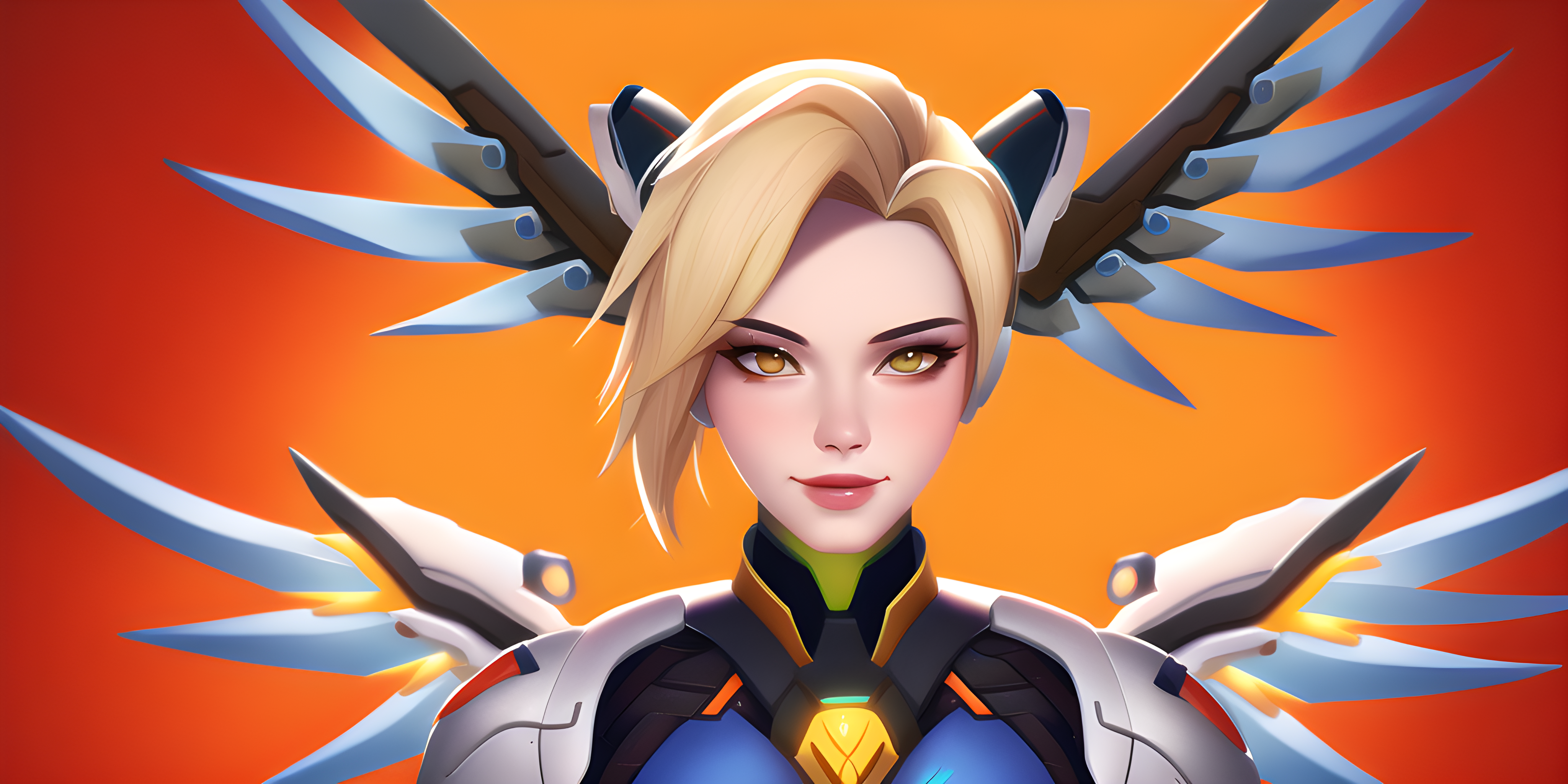 General 4096x2048 Mercy (Overwatch) orange background simple background blonde wings Overwatch video games video game girls video game characters AI art