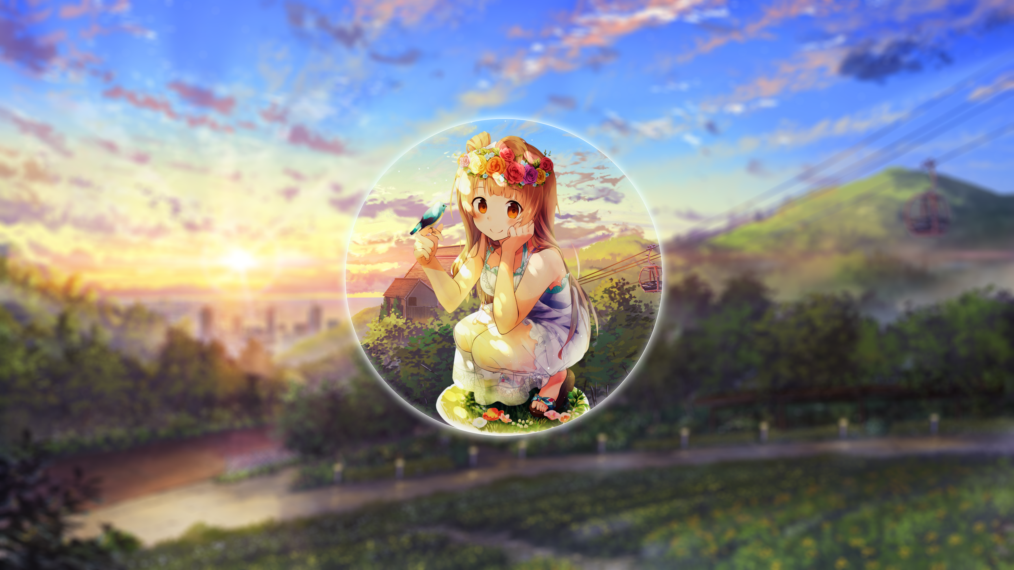 Anime 3508x1974 anime anime girls nature Minami Kotori Love Live! picture-in-picture summer evening flower in hair birds 2D
