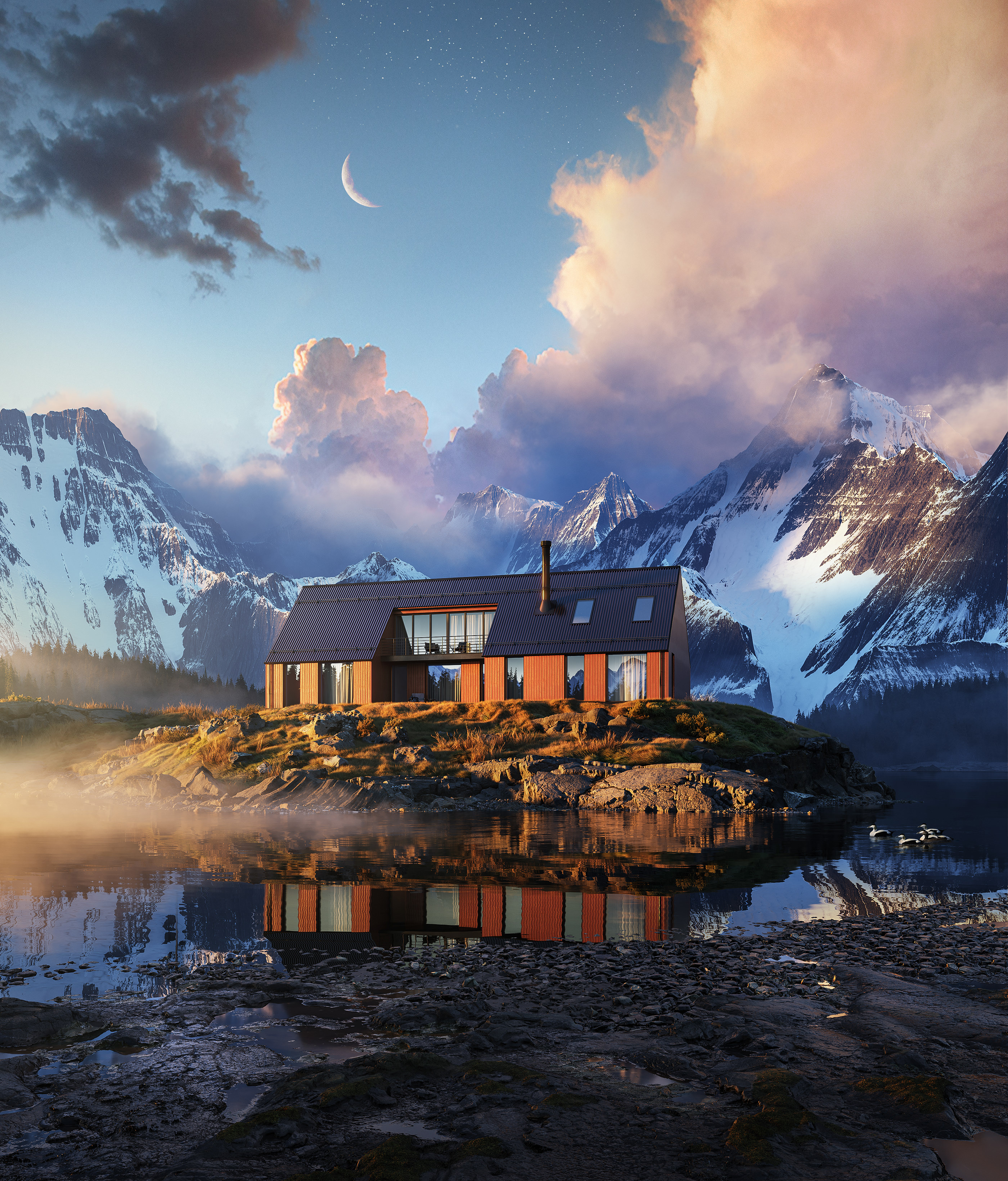 General 2800x3280 Norway Europe digital art artwork landscape mountains snow lake house reflection Moon CGI