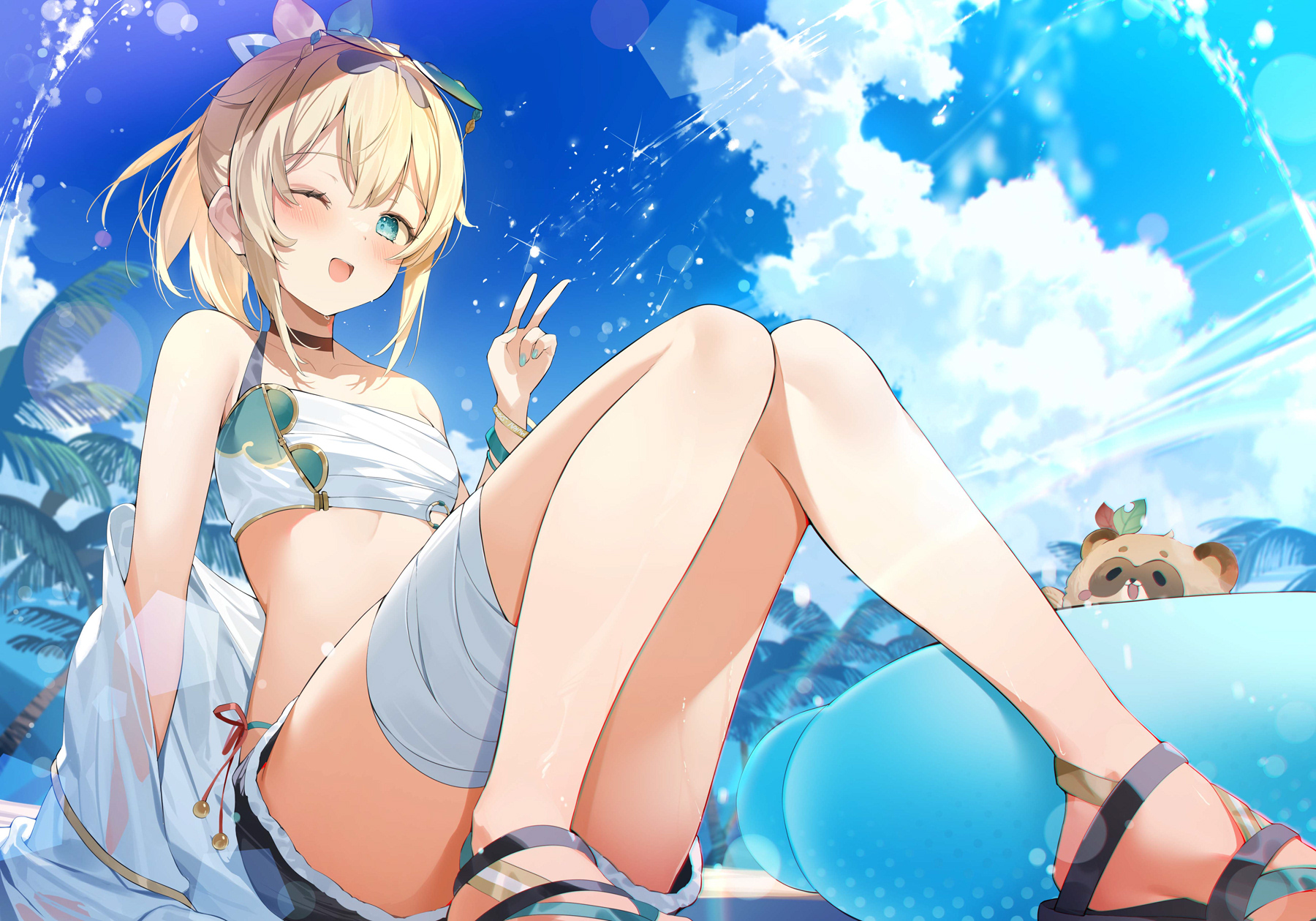 Anime 1800x1259 anime anime girls 2D artwork digital art looking at viewer blue eyes blonde shorts outdoors Pixiv open mouth peace sign one eye closed clouds floater sunglasses Hololive Kazama Iroha palm trees wink
