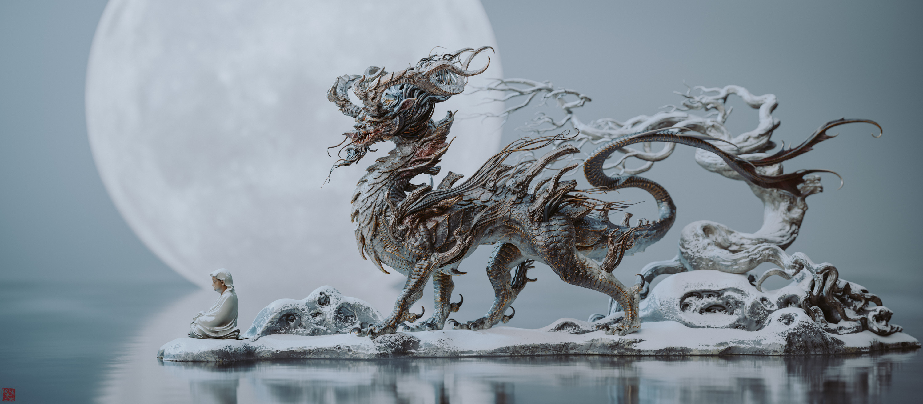 General 3000x1313 artwork digital art fantasy art dragon creature water Moon Chinese dragon